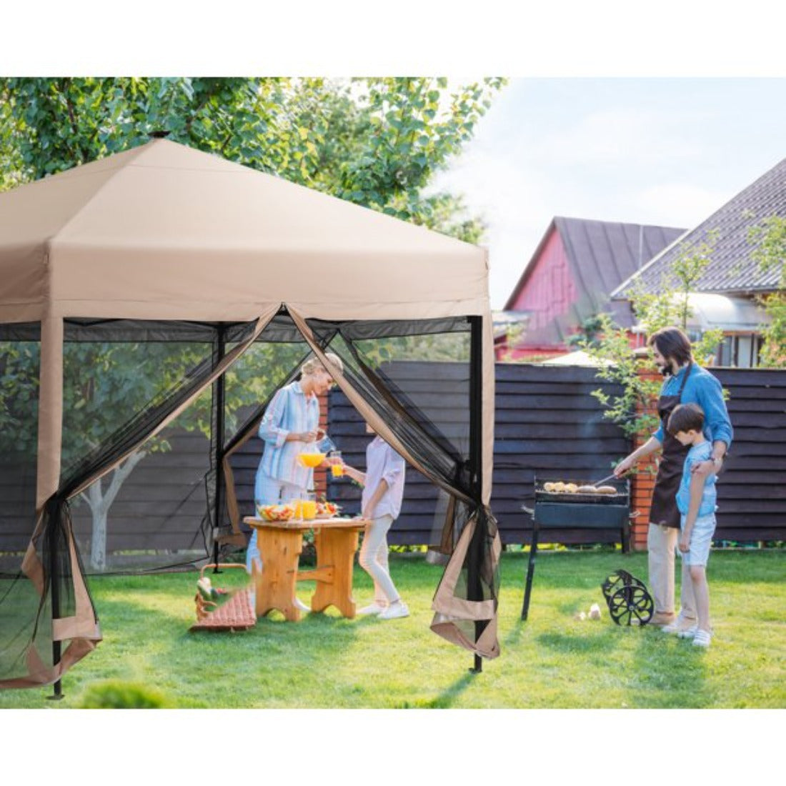 13' x 13' Hexagonal Pop Up Canopy Tent with Mesh Netting & LED Lights for Outdoor Parties, Camping, and Beach Events