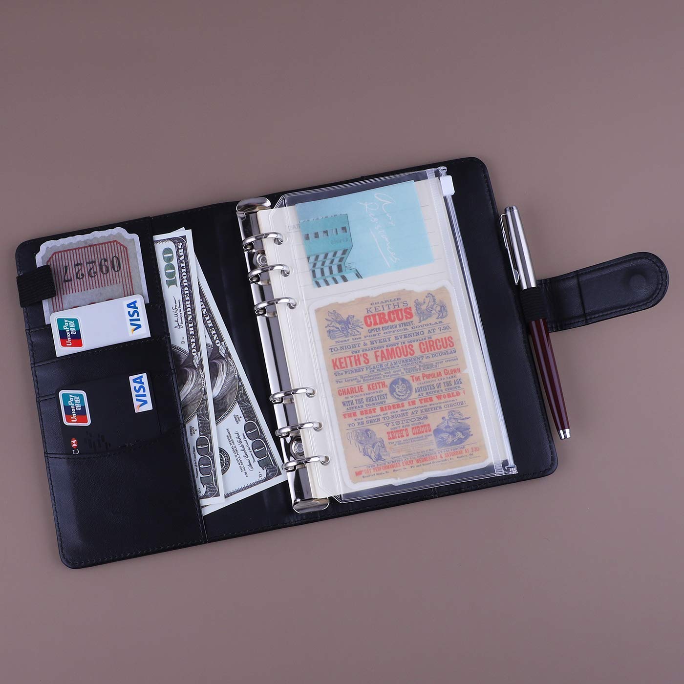 Antner A6 PU Leather Notebook Binder (Black) - 12-Piece Set with 3 Types of 6-Hole Binder Pockets | Perfect for School, Office & Travel Organization