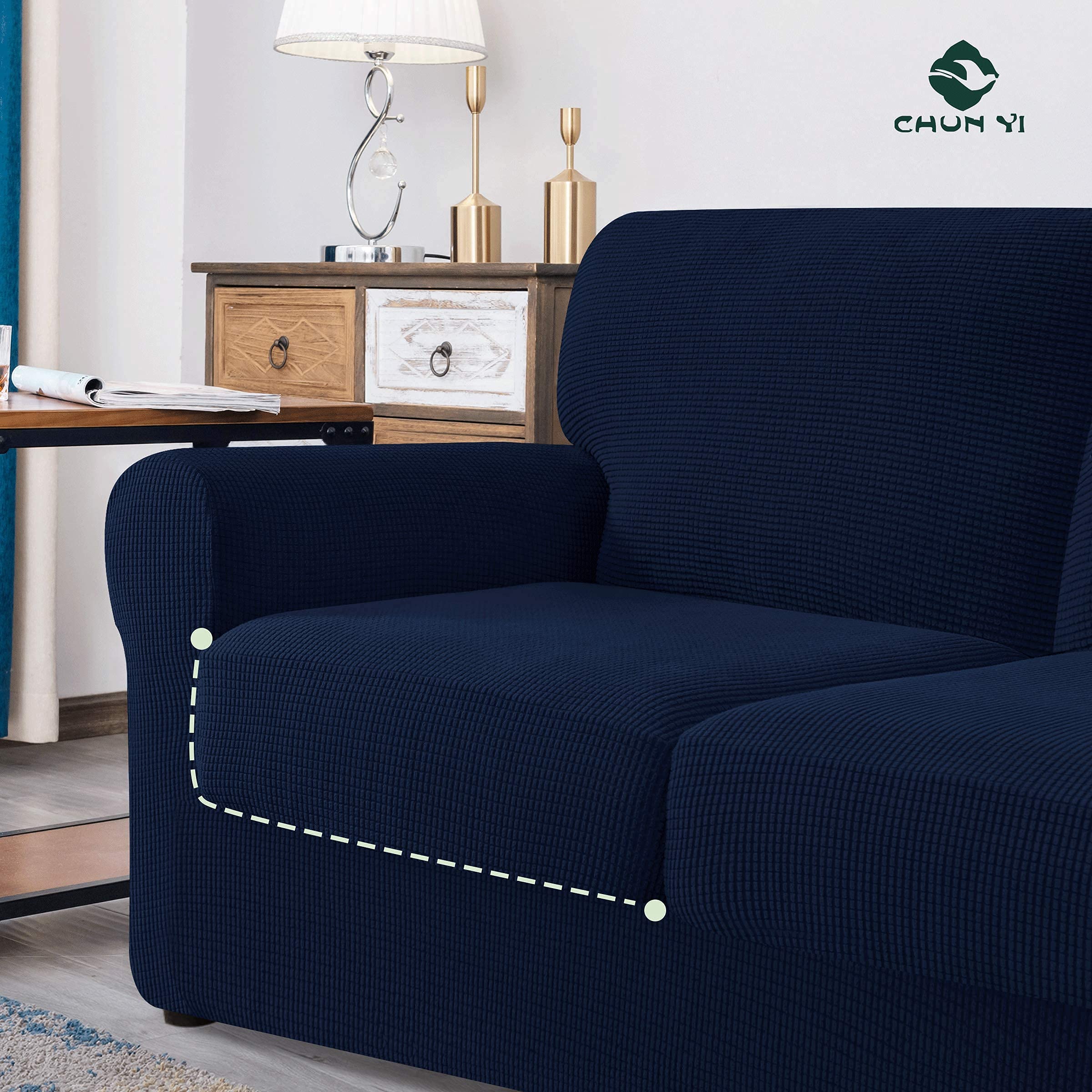 CHUN YI 2-Piece Armchair Sofa Slipcover Set - Stretchable Jacquard Fabric Couch Cover with Detachable Backrest & Cushion Covers - Dark Blue Checkered Pattern | Perfect for Living Room Furniture Protection & Home Decor Upgrade
