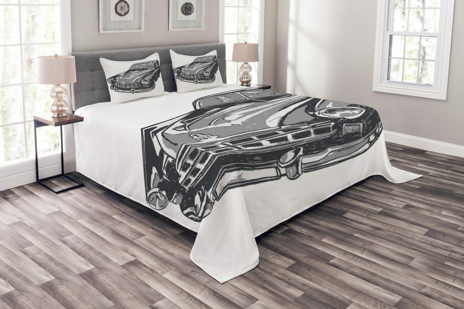 Ambesonne Vintage Cars Bedspread Set - Hand Drawn Classic Vehicle Design with Detailed Hood, Lamps & Mirrors | 3-Piece Decorative Bedding Coverlet & 2 Pillow Shams | Queen Size in Grey-Blue | Perfect for Car Enthusiasts' Bedrooms, Guest Rooms & Themed Decor