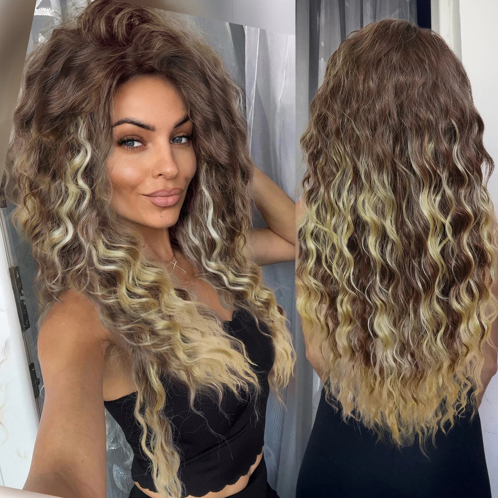 Ash Blonde Synthetic Long Curly Wig for Women - Fluffy Ombre Wave Hairstyle | Perfect for Costume Parties, Carnival, Cosplay & Daily Fashion