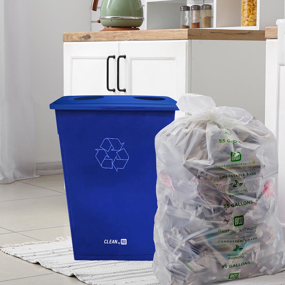 Restaurantware RW Clean 1 Recycling Can Lid - Fits 23 Gallon Trash Can with Dual Bottle/Can Openings - Heavy-Duty Blue Plastic Waste Basket Lid (Sold Separately) - Perfect for Restaurants, Offices & Eco-Friendly Recycling Stations