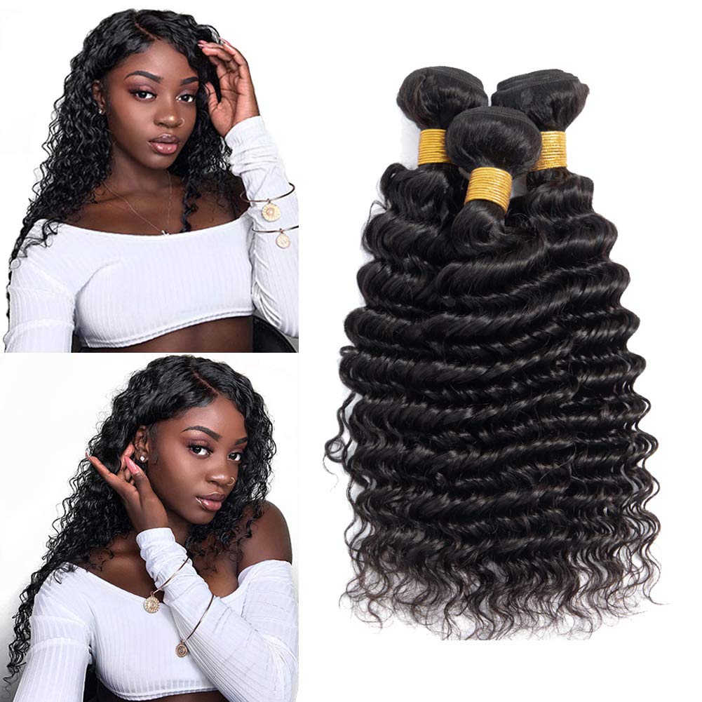 Brazilian Deep Wave Human Hair Bundles 10A Grade - Unprocessed Loose Deep Curly Weave Weft (16, 18, 20 Inch) Natural Color for Stunning Hair Extensions & Protective Styles - Perfect for Daily Wear, Parties & Special Occasions