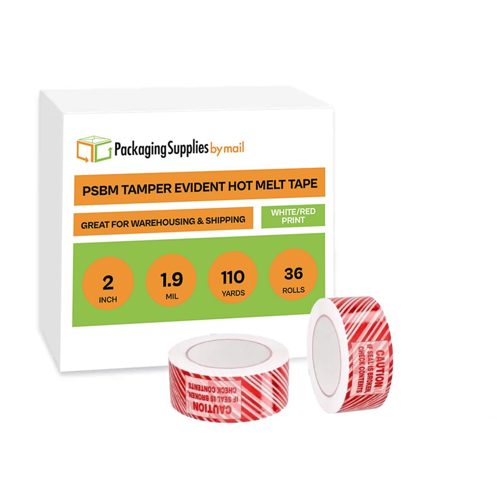 PSBM Tamper Evident Security Tape - 2 Inch x 110 Yards (36 Pack) - Red & White Warning Stripe with 'Caution If Seal is Broken Check Contents' Text - Ideal for Shipping Boxes, Warehouse Security & Package Protection