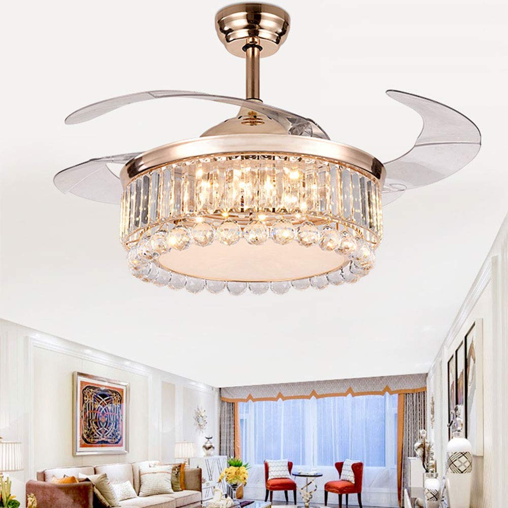 OUKANING 42 Inch Gold Crystal Ceiling Fan with LED Lights - Dimmable Retractable Chandelier Fan with Remote Control, Ultra Quiet for Bedroom, Dining Room & Living Room | Modern Home Decor & Cooling Solution