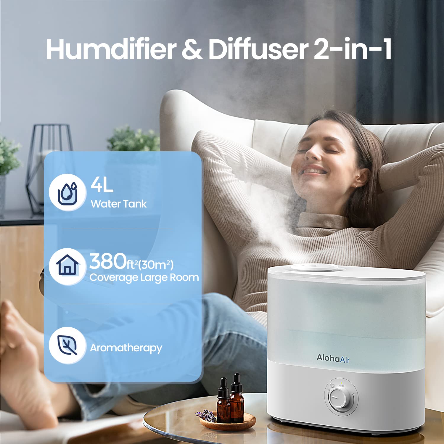 AlohaAir 4L Cool Mist Humidifier with Essential Oil Diffuser - Top Fill, Quiet Operation, 7 Color LED Lights, 360° Nozzle & Auto Shut-Off - Perfect for Bedroom, Baby Nursery, Office & Plants (White)