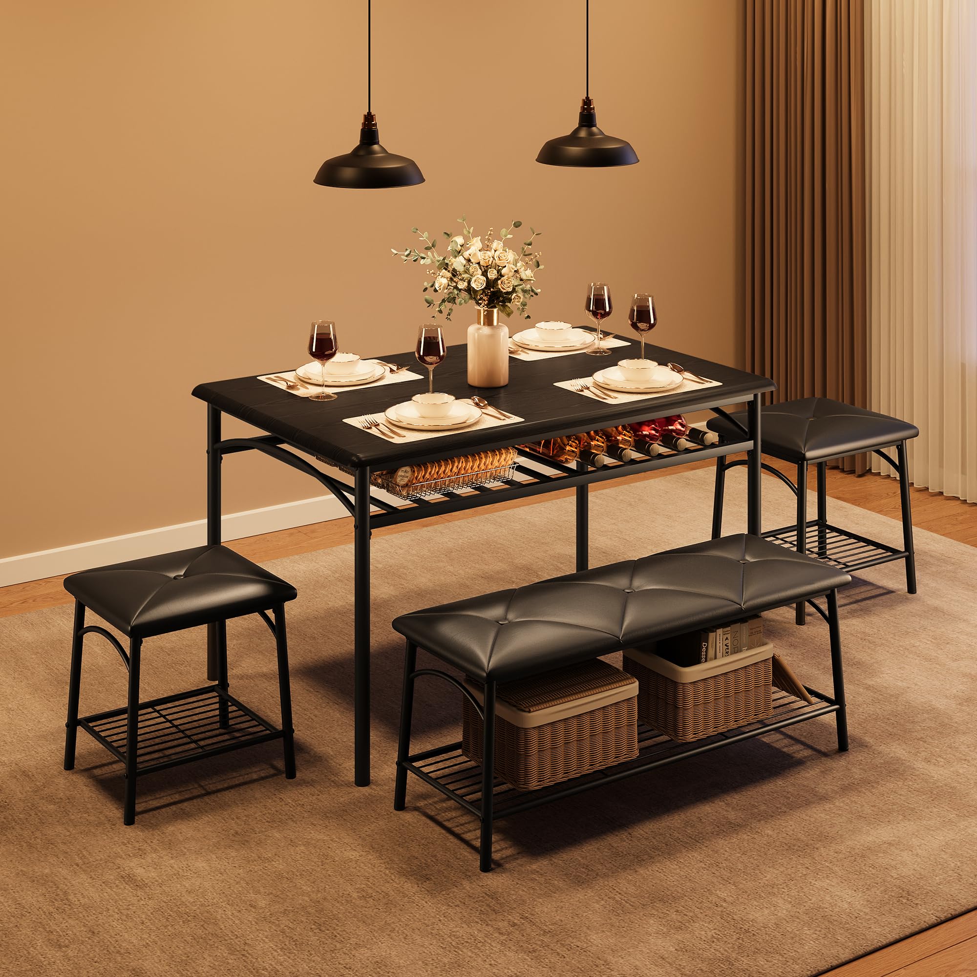 **IDEALHOUSE 4-Piece Dining Table Set with Upholstered Bench & Square Stools - Space-Saving Kitchen Table for Small Apartments, Includes Storage (Black) - Perfect for Breakfast Nooks, Compact Kitchens & Cozy Dining Areas**