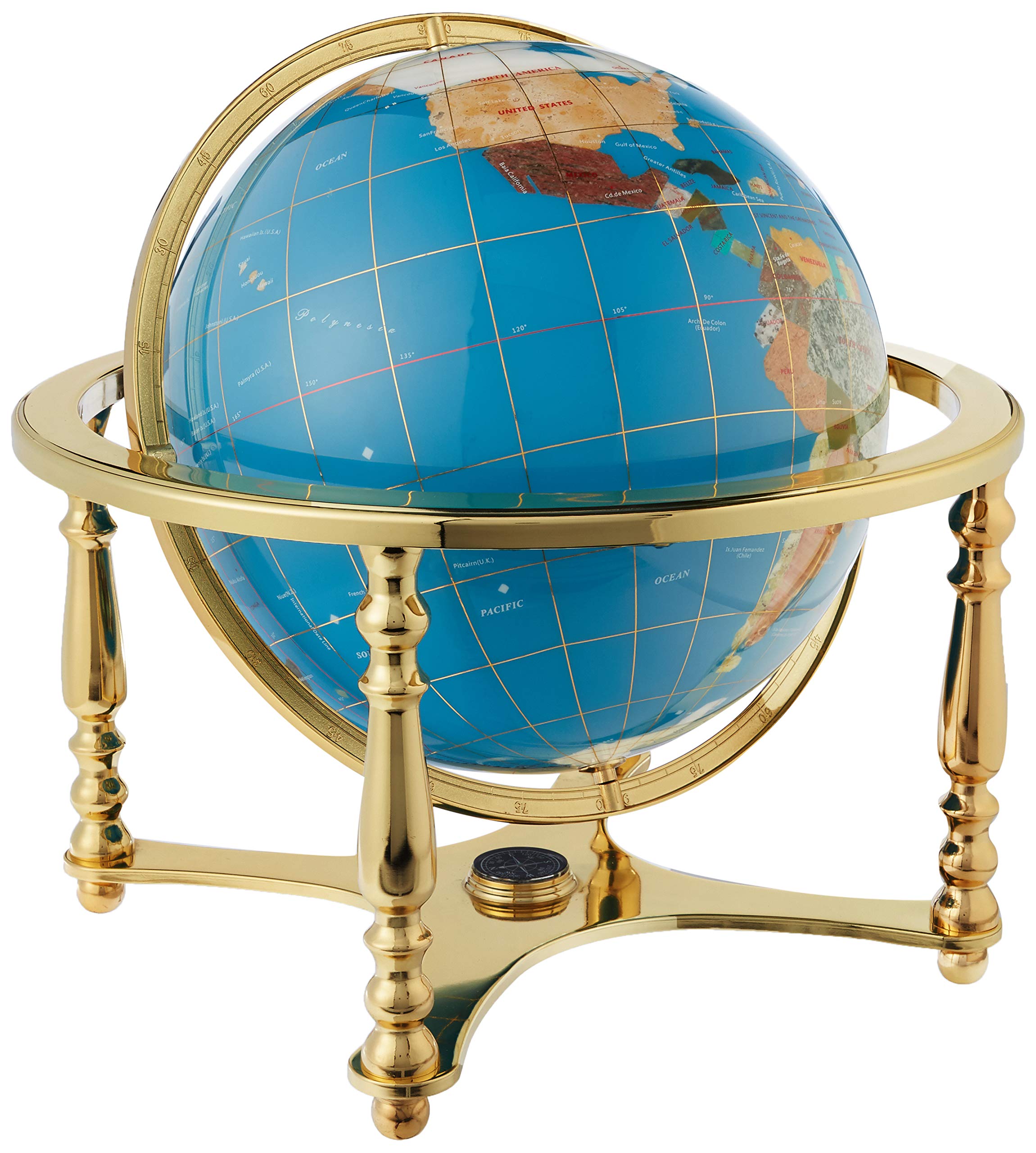 21-Inch Tall Turquoise Ocean Gemstone World Globe with Gold Stand - Unique Art Tabletop Decor for Home, Office & Gifts