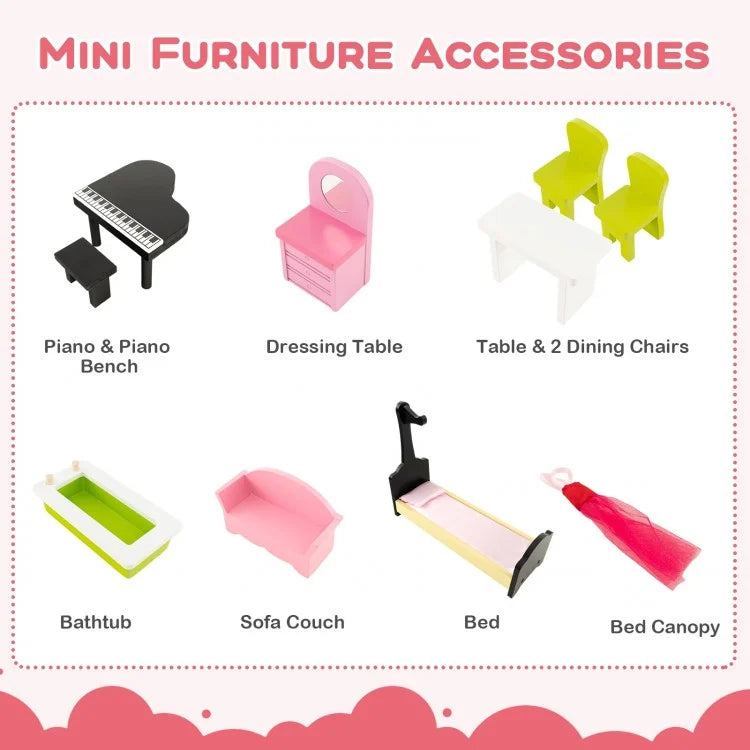 Pink Wooden Dollhouse with Functional Elevator & Rotating Staircase - Perfect for Kids' Pretend Play & Room Decor