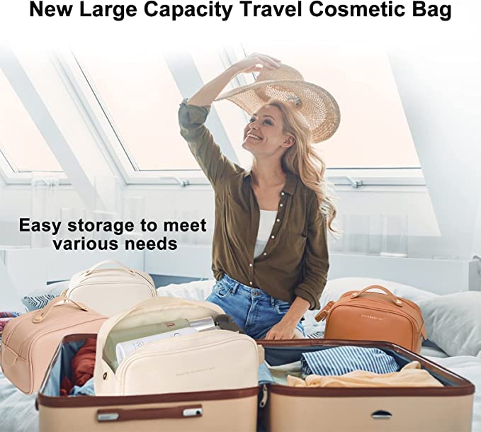 Whixant Large Waterproof Travel Makeup Bag - PU Leather Cosmetic Organizer with Handle for Women | Multicolor | Perfect for Vacation, Gym & Daily Use