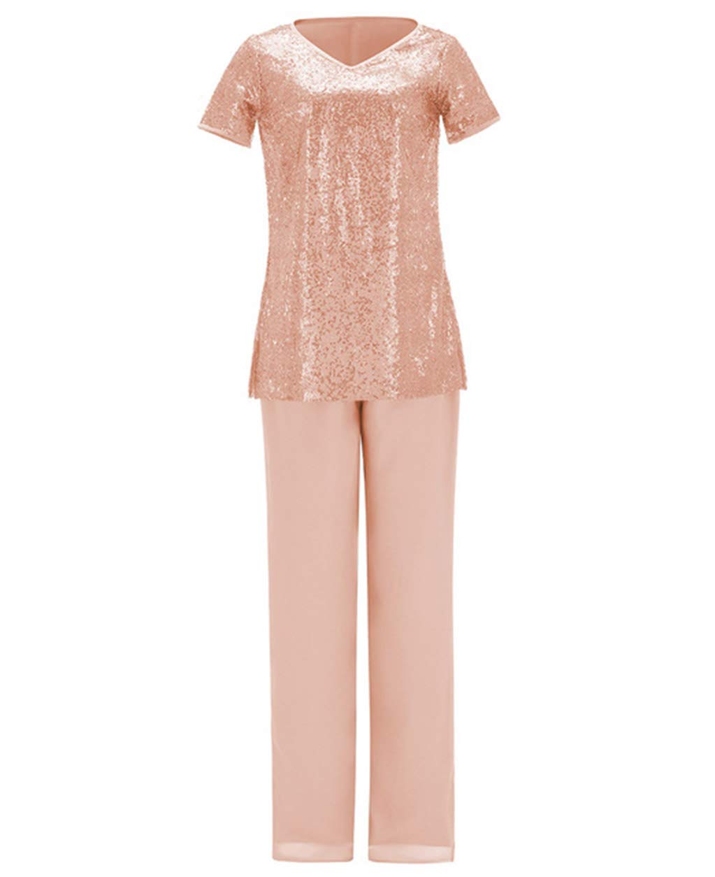 Elegant Women's 2-Piece Sequin Pantsuit Set - Mother of The Bride Outfit & Wedding Guest Dress with Short Sleeves | Perfect for Formal Events, Bridal Showers & Special Occasions
