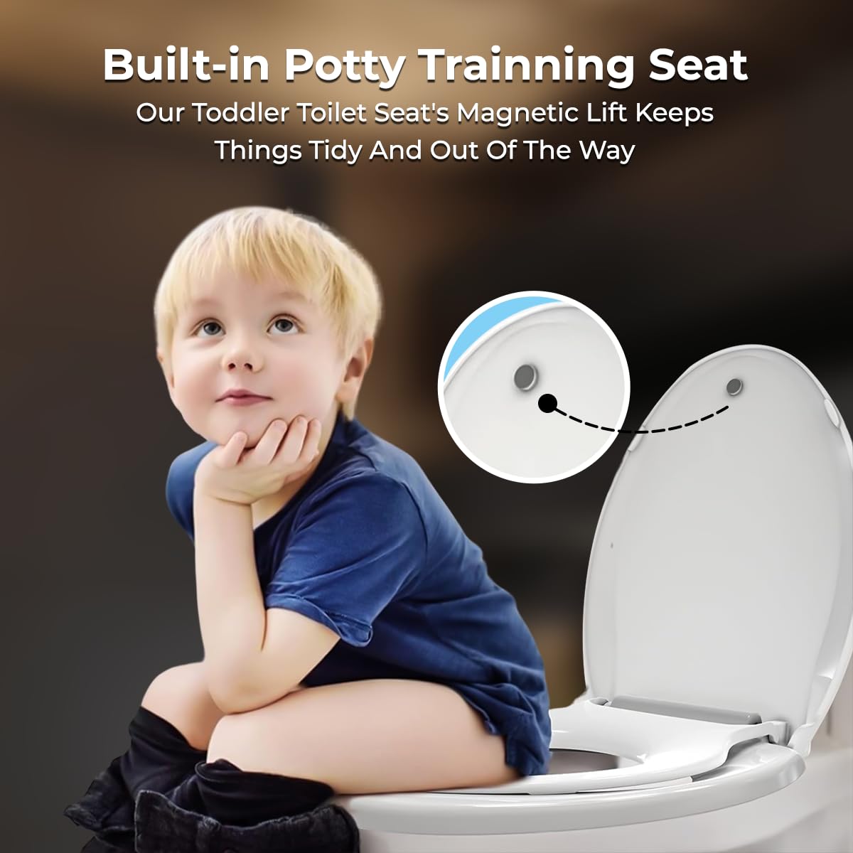 GenieBidet Elongated Toilet Seat with Built-In Toddler Seat - Slow Close Lid, Non-Skid Bumpers, Easy Detach for Potty Training - Bright White - Perfect for Family Bathrooms & Child Potty Training