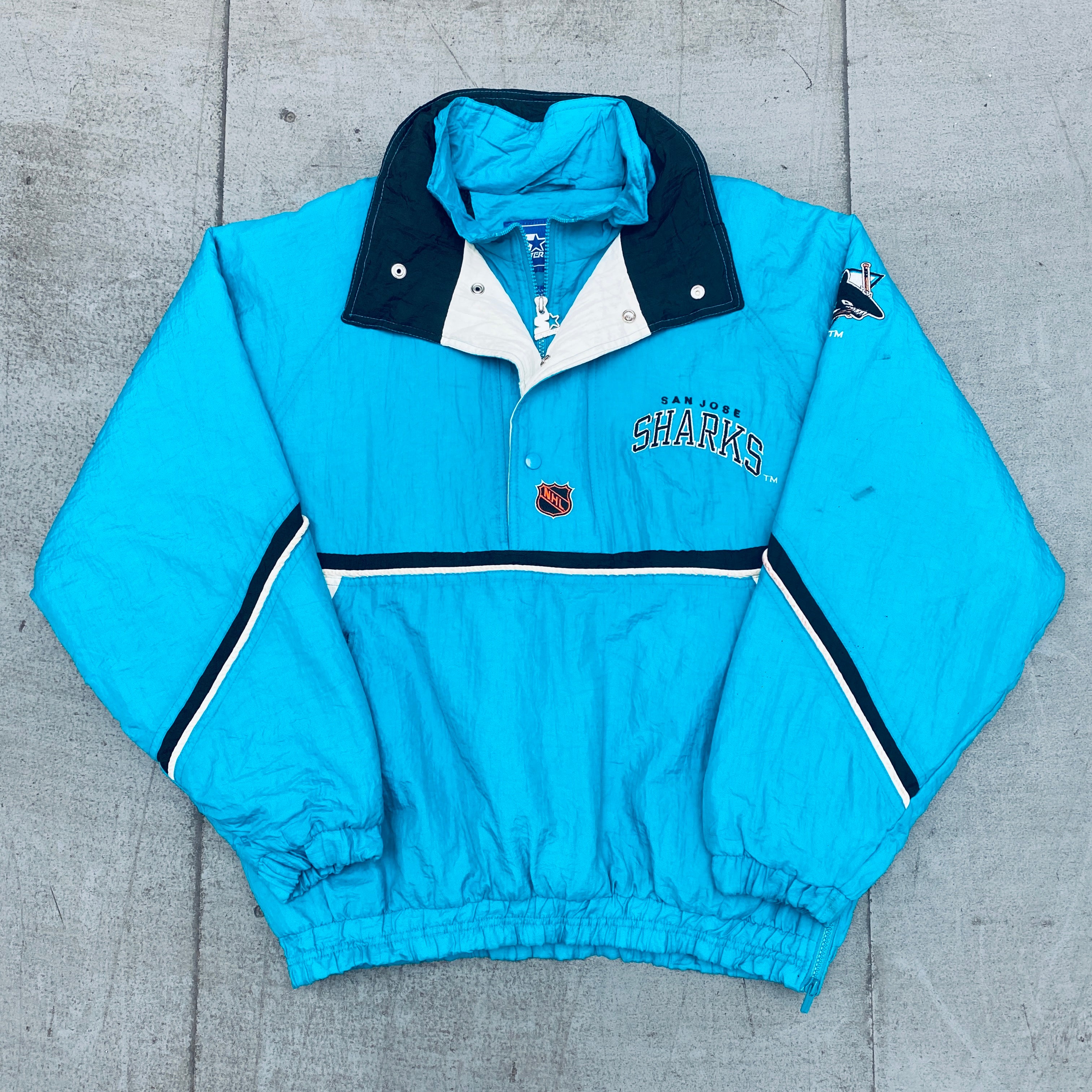 San Jose Sharks 1990s Vintage 1/4 Zip Breakaway Starter Jacket with Hood - Men's Medium Size | Retro NHL Hockey Fan Apparel for Game Day & Casual Wear