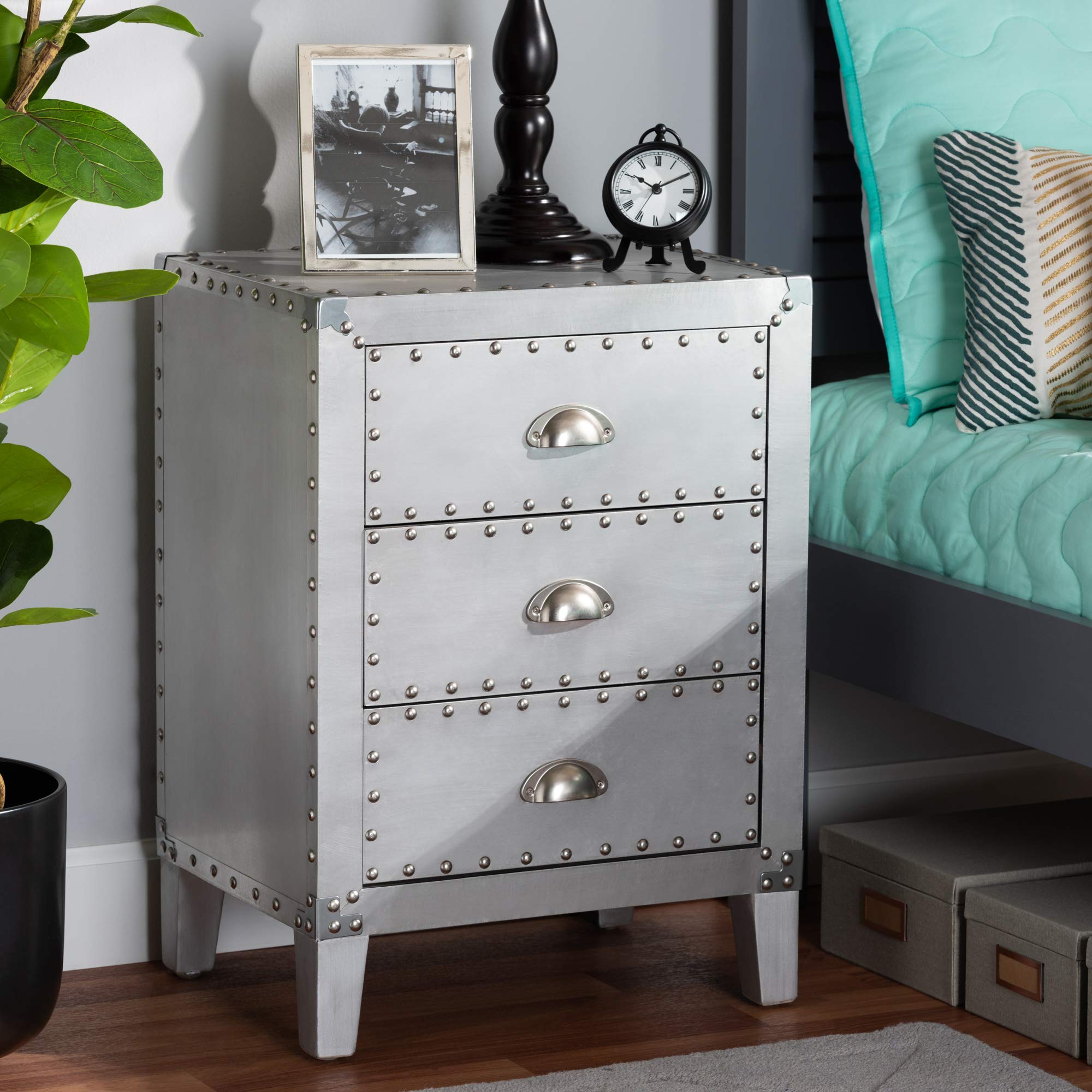 Baxton Studio Modern Nightstand with Drawer - Silver Finish Bedside Table for Bedroom, Living Room & Guest Room