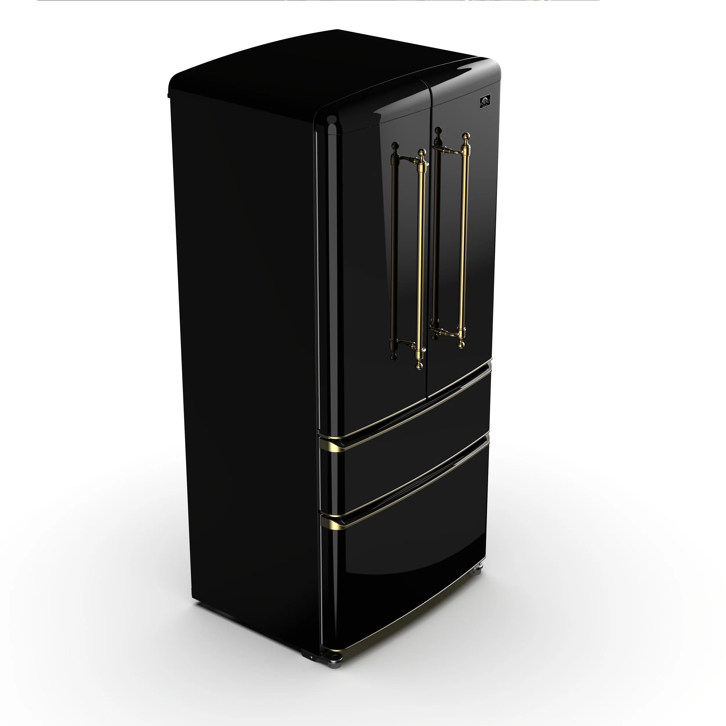 Forno Luigi 33 Inch French Door Refrigerator with Black Finish & Antique Brass Handles - Model FFFFD1791 33BLK | Perfect for Modern Kitchens & Open-Concept Homes