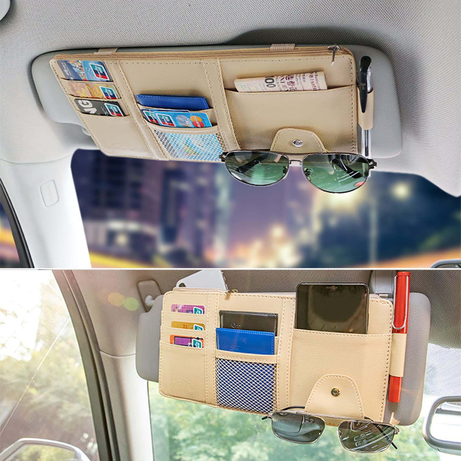 Car Sun Visor Organizer with Multi-Pockets - Auto Interior Accessories for Cards, Pens, Sunglasses & Documents - Universal Truck Storage Pouch Holder (Beige) - Perfect for Road Trips & Daily Commute