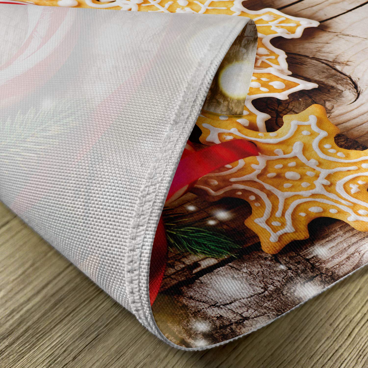 Ambesonne Christmas Place Mats Set of 4 - Holiday Table Decor with Cookies and Candy Canes Design on Wooden Tree Board - Washable Fabric Dining Table Mats in Brown Red Green - Perfect for Christmas Dinner, Winter Party Decorations & Seasonal Home Decor