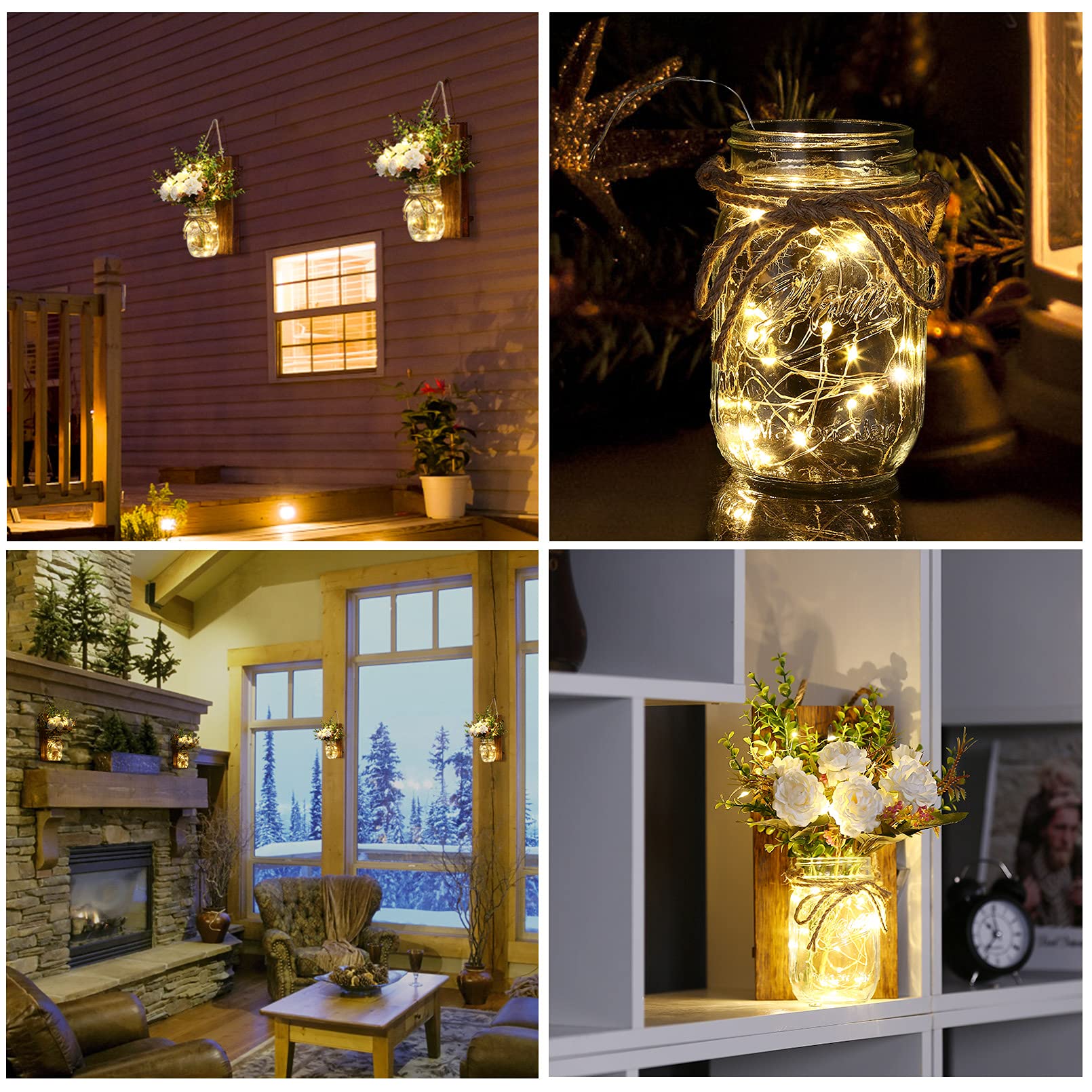 Lightess Mason Jar Wall Sconces with Remote Control - Rustic LED Fairy Lights with White Roses (Set of 2) - Farmhouse Decor for Dining Room, Living Room, Bedroom & Patio - Perfect for Romantic Ambiance, Wedding Decor and Cozy Home Lighting