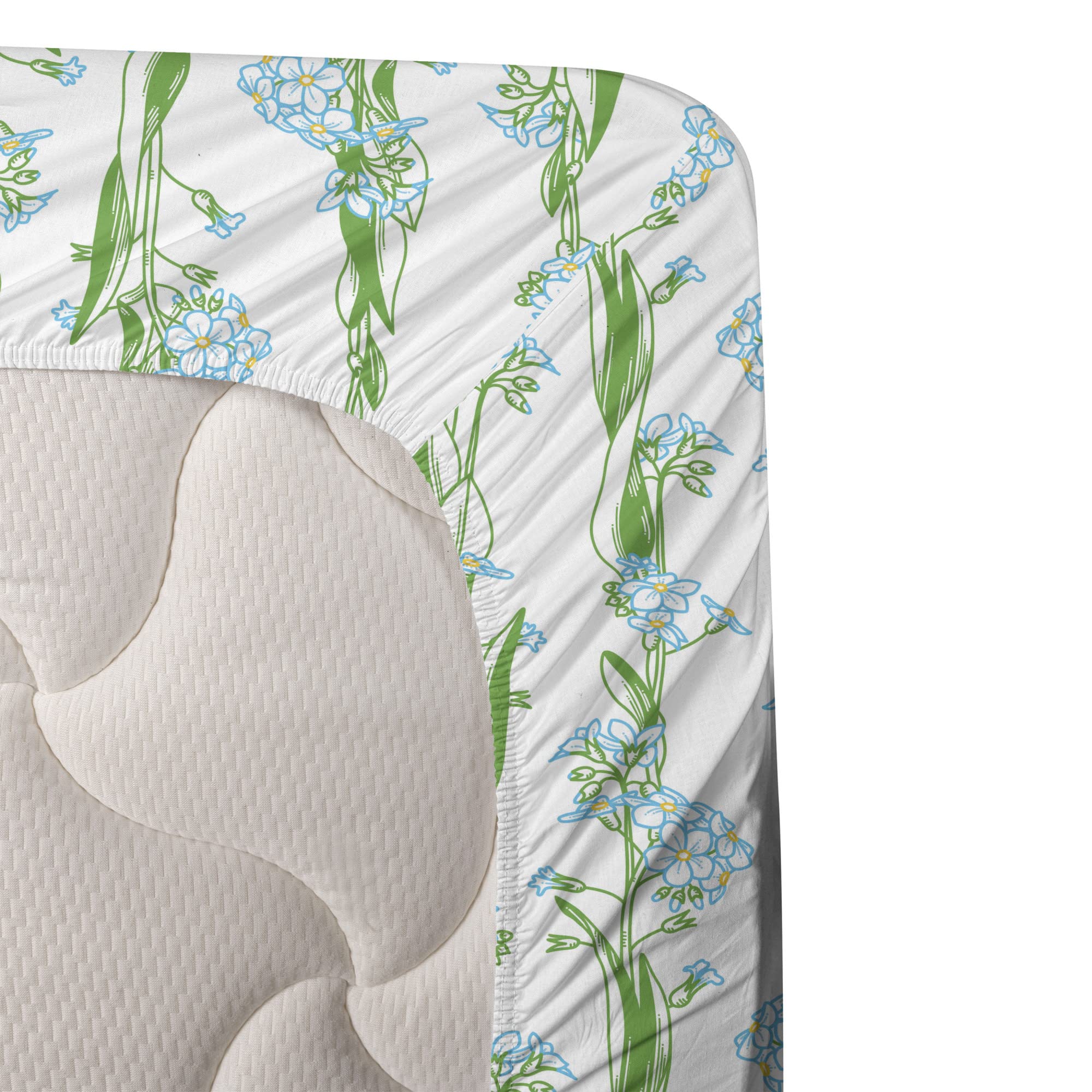 Ambesonne Floral King Size 4-Piece Sheet Set - Vertical Flower Strips with Intertwined Leaves, Fern Green & Sky Blue - Fitted Sheet, Flat Sheet & 2 Pillowcases - Soft Bedding for Master Bedroom, Guest Room & Vacation Homes