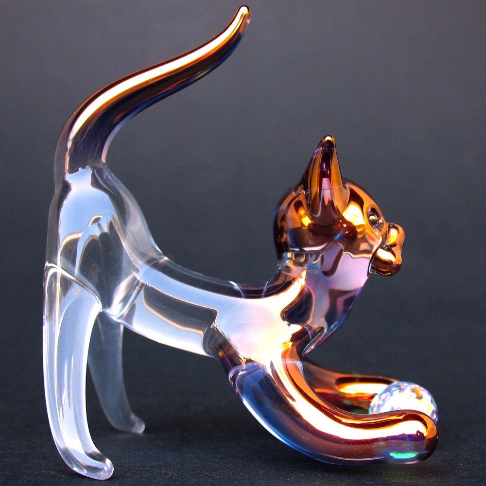 Hand Blown Glass Cat Figurine with Swarovski Crystals - Elegant Home Decor & Gift for Cat Lovers - Perfect for Shelves, Desks, and Collectible Displays
