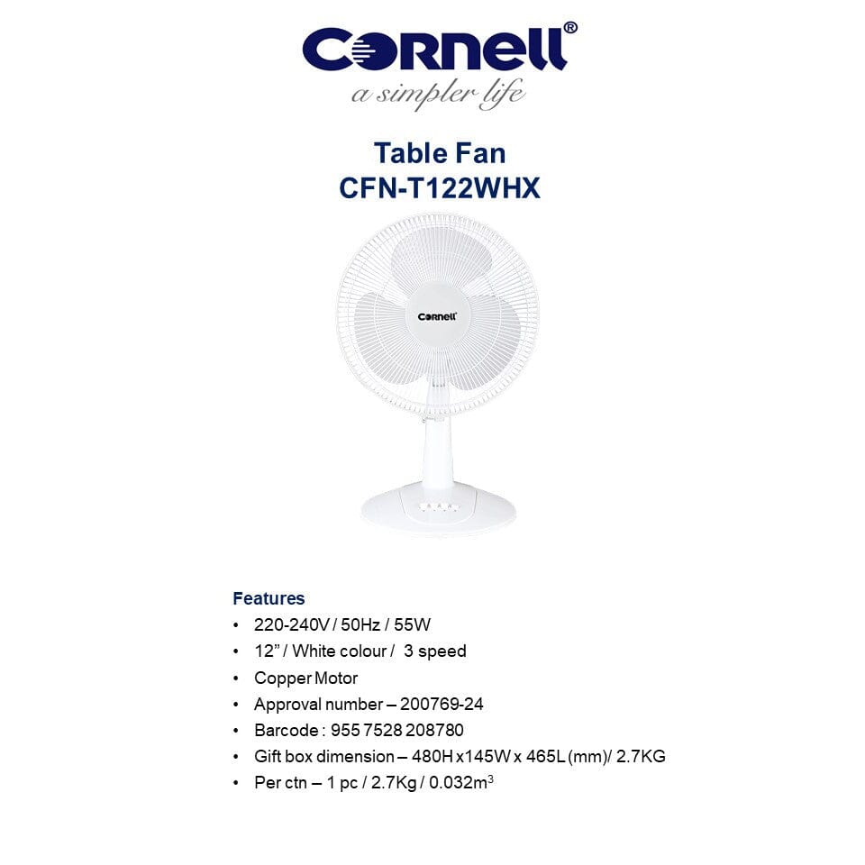 Cornell 12 Inch Table Fan - Quiet, Energy Efficient, 3 Speed Settings (CFNT122GY/CFNT122WHX) - Perfect for Home, Office, and Dorm Room Cooling