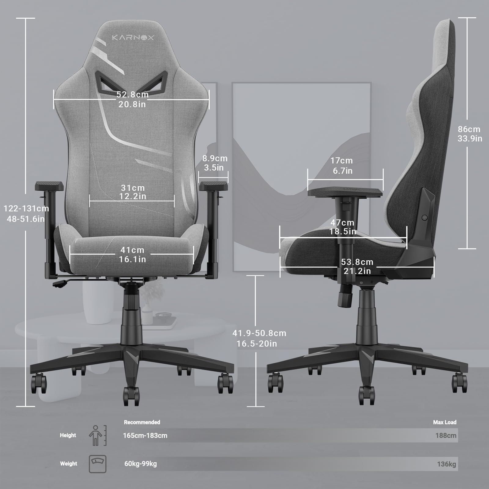 KORNOX Ergonomic Gaming Chair for Adults & Teens - High Back Office Chair with Adjustable Headrest & Lumbar Support, Fabric Racing Desk Chair for Home & Work - Perfect for Gaming, Working, and Long Sitting Sessions (Silver Grey)