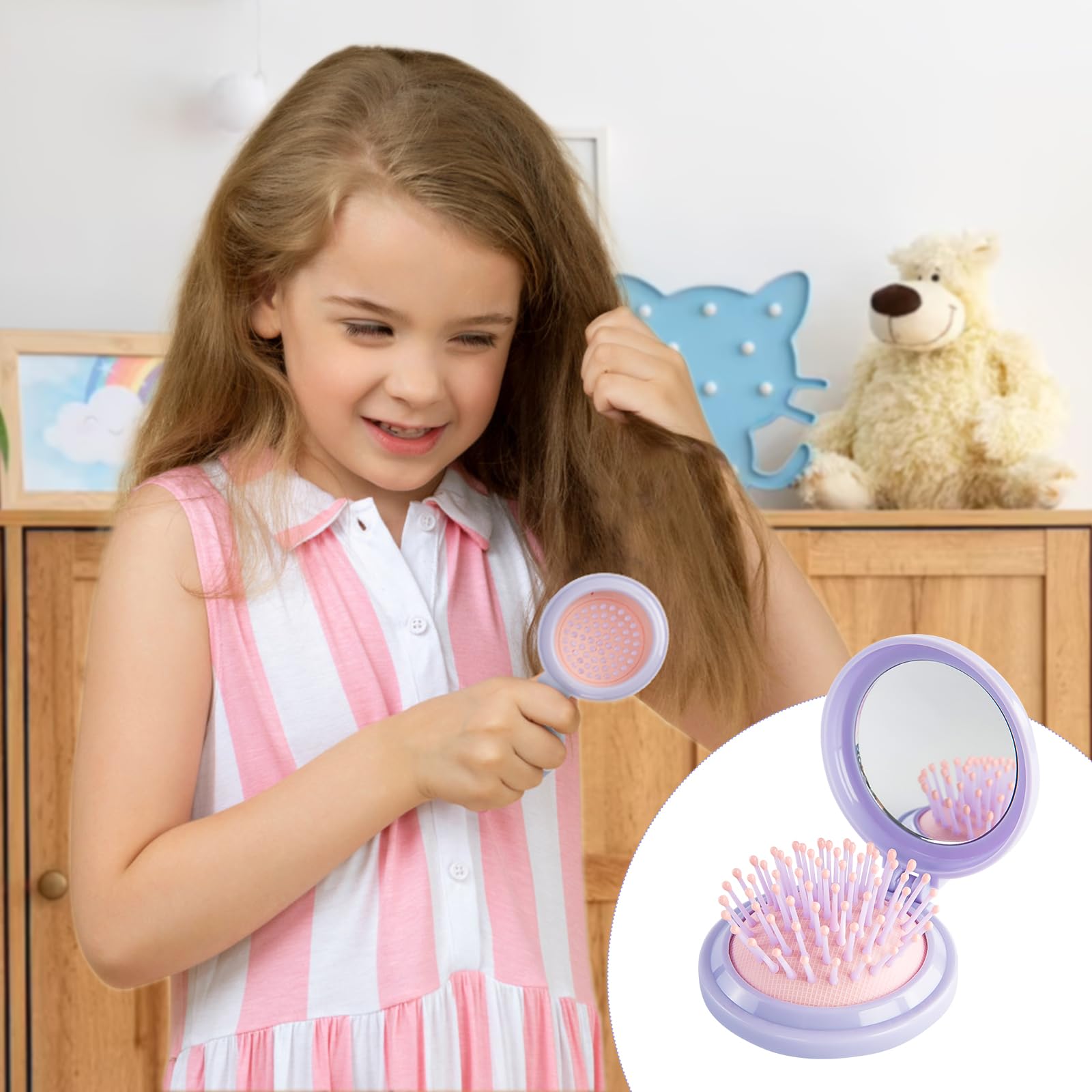 RHOS Compact Folding Hair Brush with Mirror for Women & Girls - Soft Nylon Bristles Travel Brush - Portable Mirror Comb for Purse, Gym Bag & On-the-Go Styling (Purple)