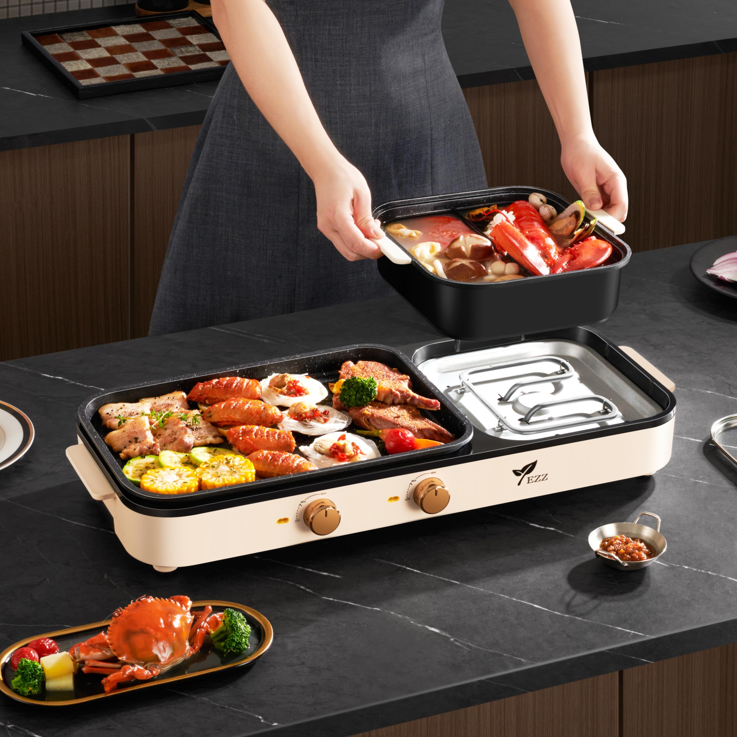 Electric Hot Pot with Grill - 2-in-1 Multi-Function Smokeless Shabu Shabu & Korean BBQ Grill with Dual Temperature Control for 2-10 People - Perfect for Indoor Family Gatherings, Dinner Parties & Asian Hot Pot Nights