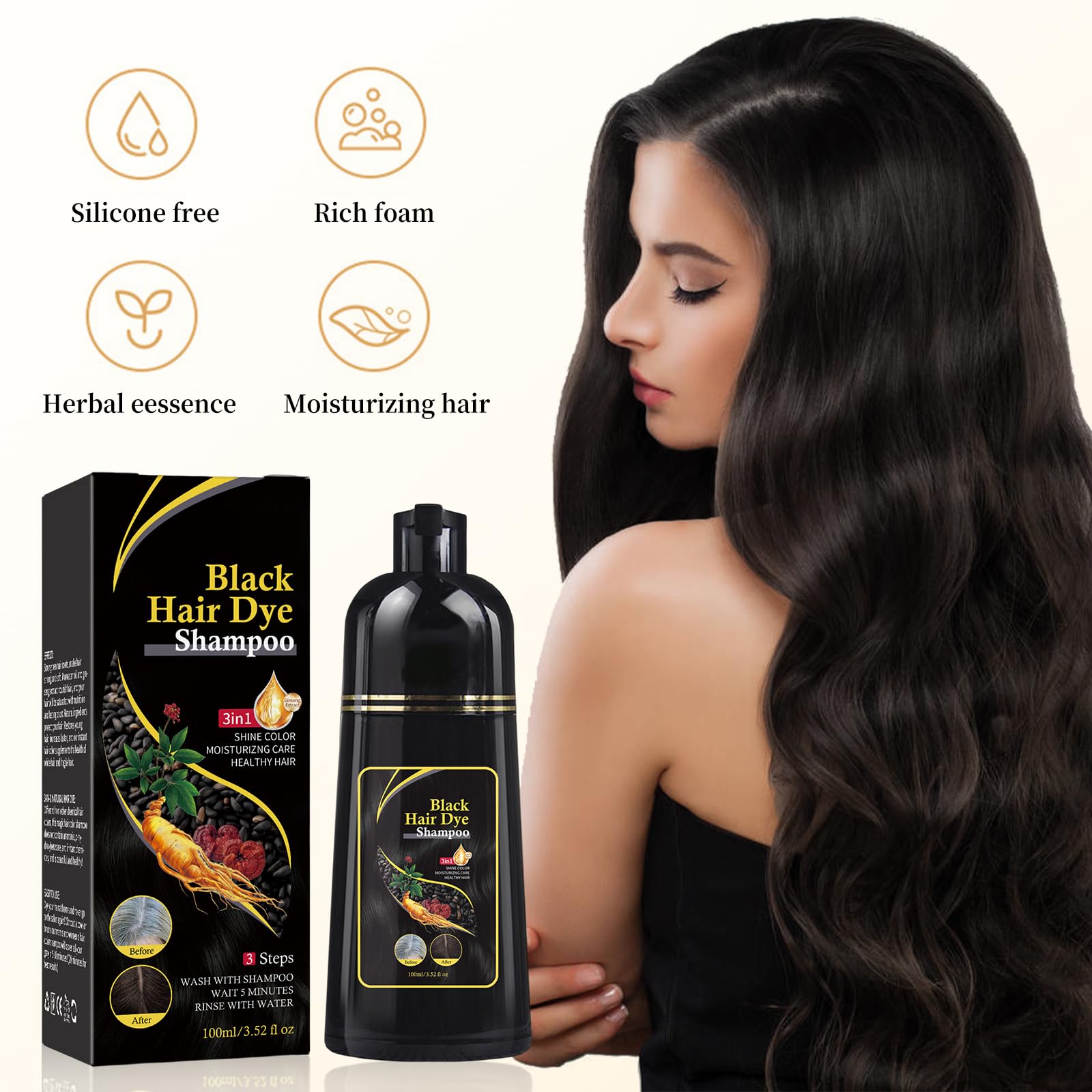 Natural 3-in-1 Herbal Black Hair Dye Shampoo for Men - Gray Hair Coverage & Color Treatment - Gentle Hair Coloring Solution for Home Use & Daily Styling