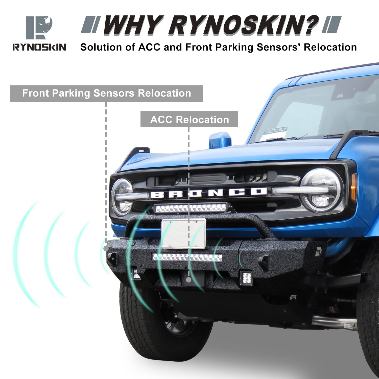 RYNOSKIN Heavy Duty Off-Road Front Bumper for 2021-2024 Ford Bronco | Compatible with OE ACC & Parking Sensors | Textured Black Finish | LED Light Ready | Perfect for Off-Roading & Adventure Driving