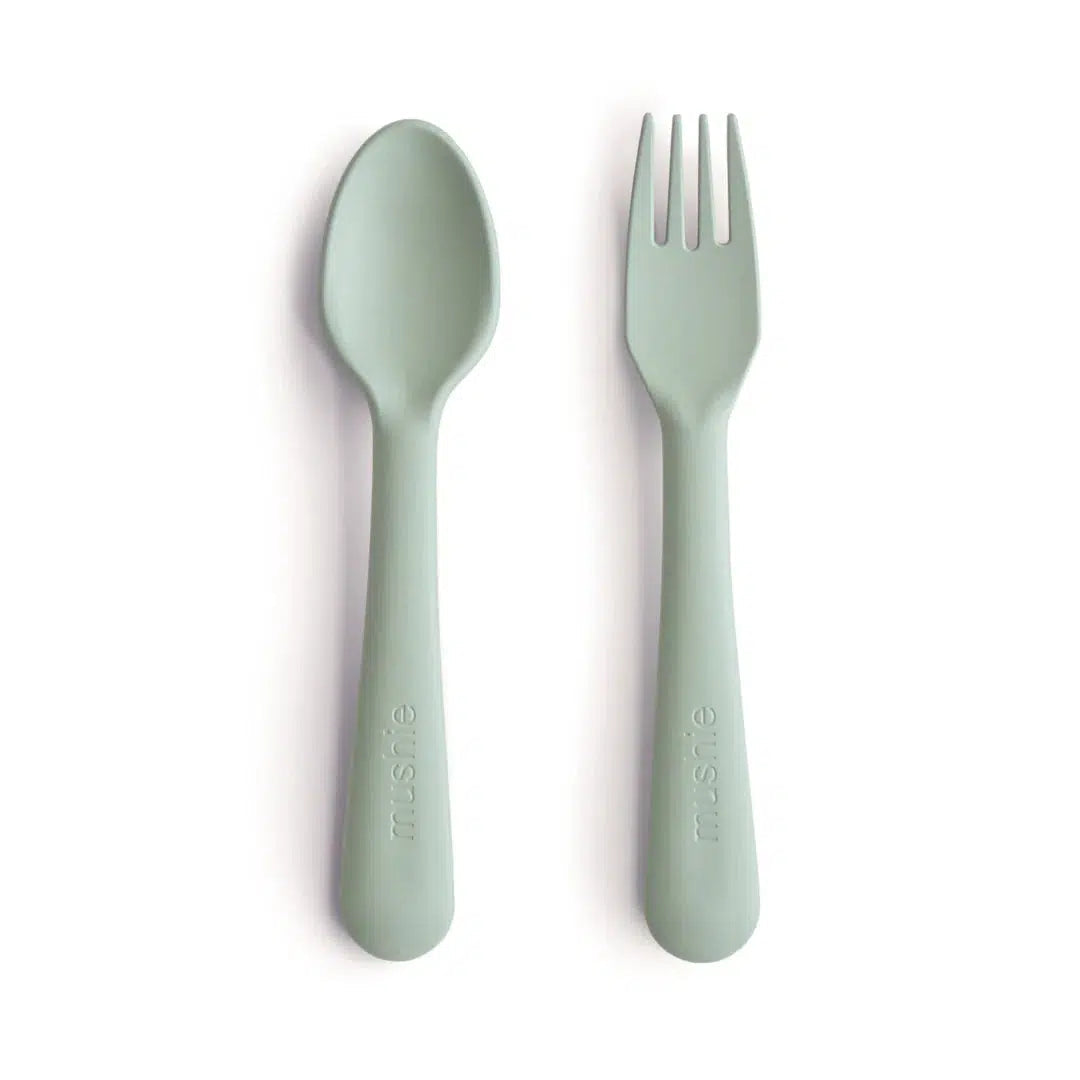 Mushie Baby Dinnerware Set - Fork & Spoon in Sage Green | Eco-Friendly Toddler Utensils for Mealtime & Travel