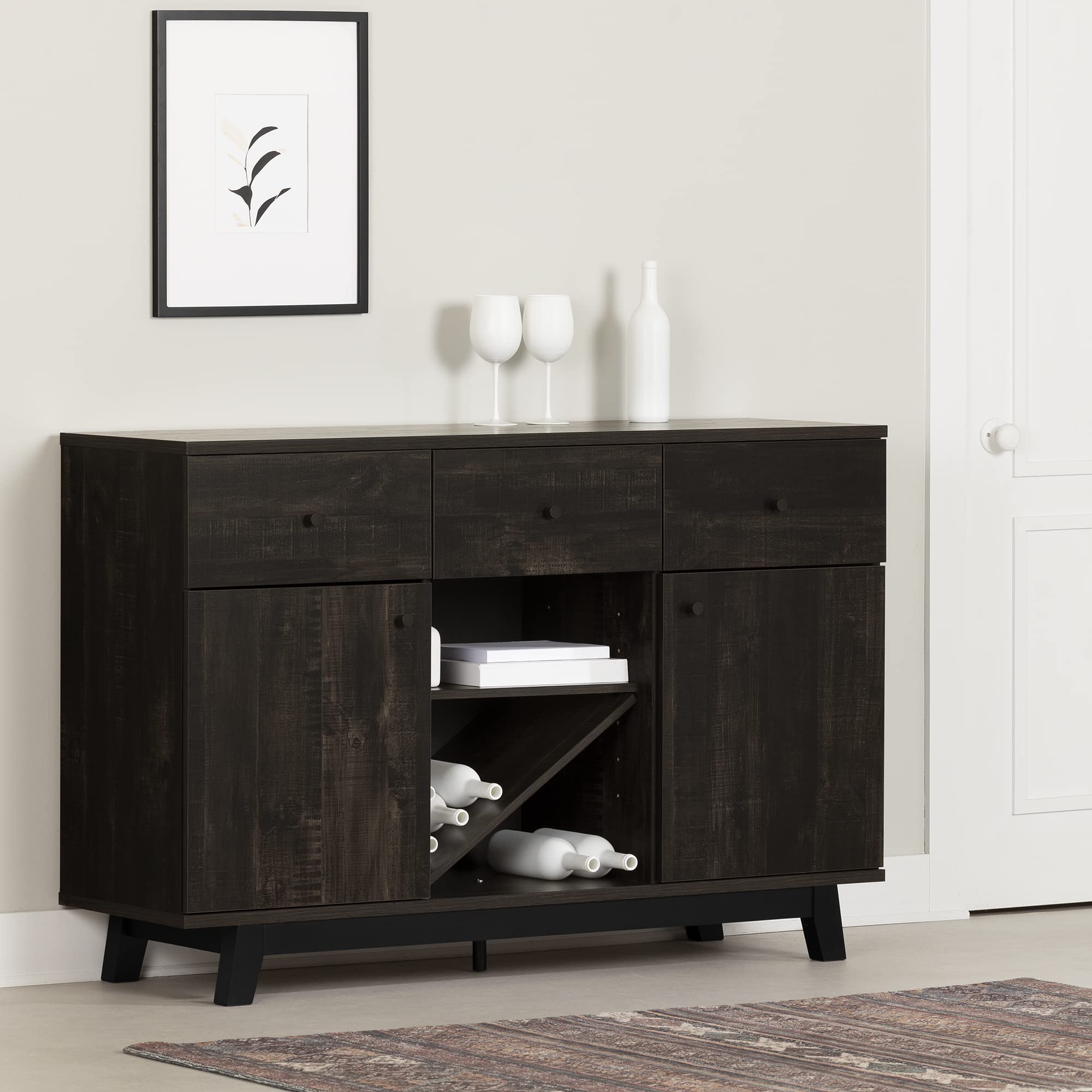 South Shore Bellami Buffet with Wine Storage - Rubbed Black Finish Sideboard for Dining Room & Living Room | Perfect for Entertaining & Home Organization