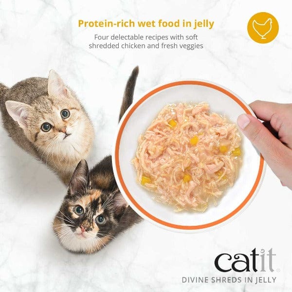 Premium Catit Divine Shreds Chicken with Mackerel & Broccoli in Jelly Canned Cat Food Topper - 4 Pack for Adult Cats | High Protein Wet Cat Food Supplement | Perfect for Picky Eaters & Mealtime Enhancement