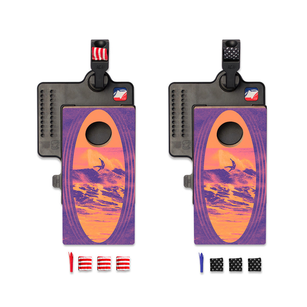 Tie Dye Surfer Double Chuck Mini Cornhole Tabletop Game Set - Portable Indoor & Outdoor Fun for Parties, Beach, and Backyard Gatherings