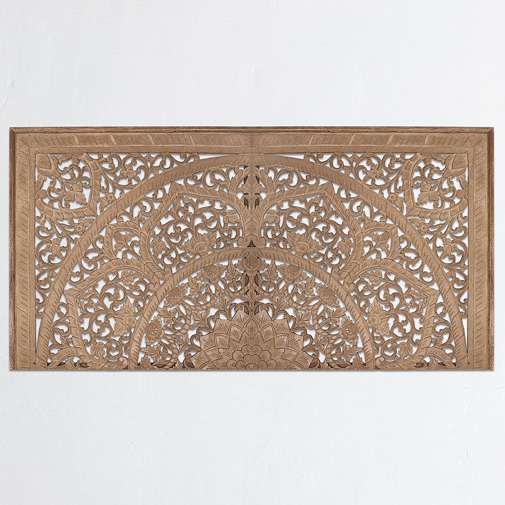 King Wood Headboard - Hand Carved Full Size Wall Mounted Headboard Panel for Bedroom Decor - Natural Finish for Cal King & Queen Beds - Perfect for Modern Farmhouse & Luxury Bedroom Designs