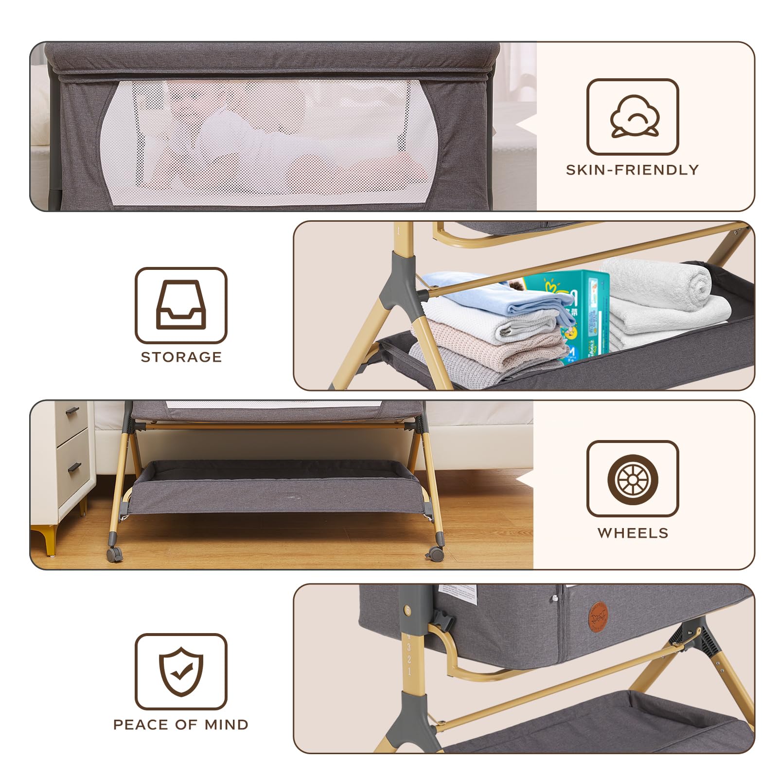 Portable Baby Bassinet with Wheels & Storage - Adjustable Height Bedside Sleeper with Waterproof Mattress Cover - Newborn Crib for Co-Sleeping - Perfect for Nursery, Bedroom & Travel Use