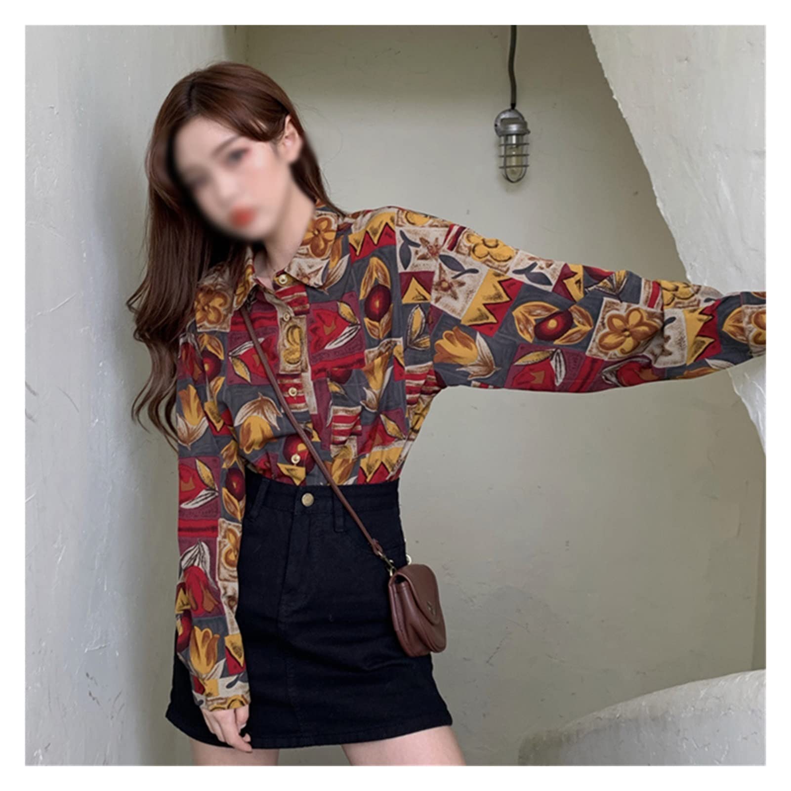 Vintage Hong Kong Style Floral Oil Painting Blouse - Retro Long Sleeve Women's Top for Spring (Color A, Size XL) | Perfect for Casual Outings, Date Nights & Artistic Fashion Statements