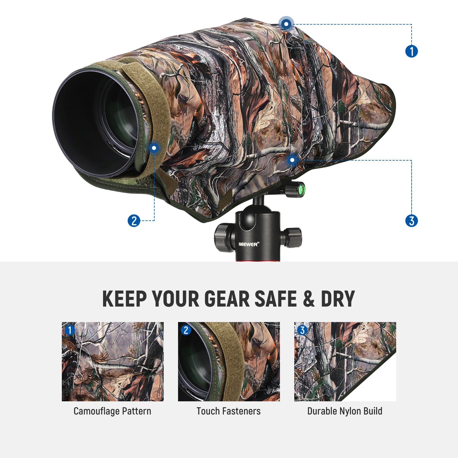 NEEWER PB019 Dual Sided Camouflage Rain Cover for DSLR Camera - Waterproof Protection for Outdoor Photography, Hunting & Wildlife Shooting