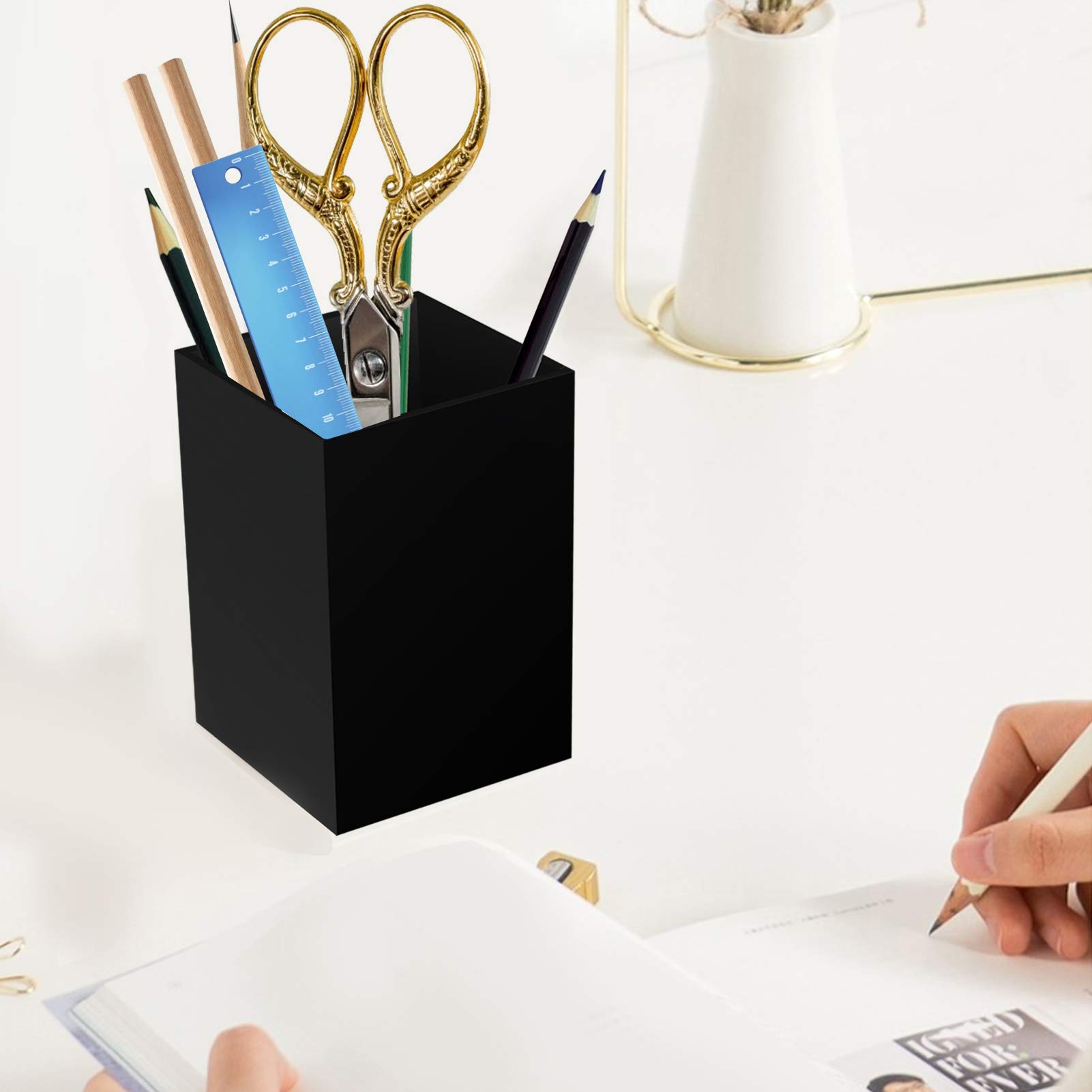 Acrylic Pen Holder for Desk - Black Pencil Organizer & Makeup Brush Holder - Office Desktop Storage Cup for Stationery, Cosmetics, and Art Supplies - Perfect for Home, Office, and Beauty Vanity Organization