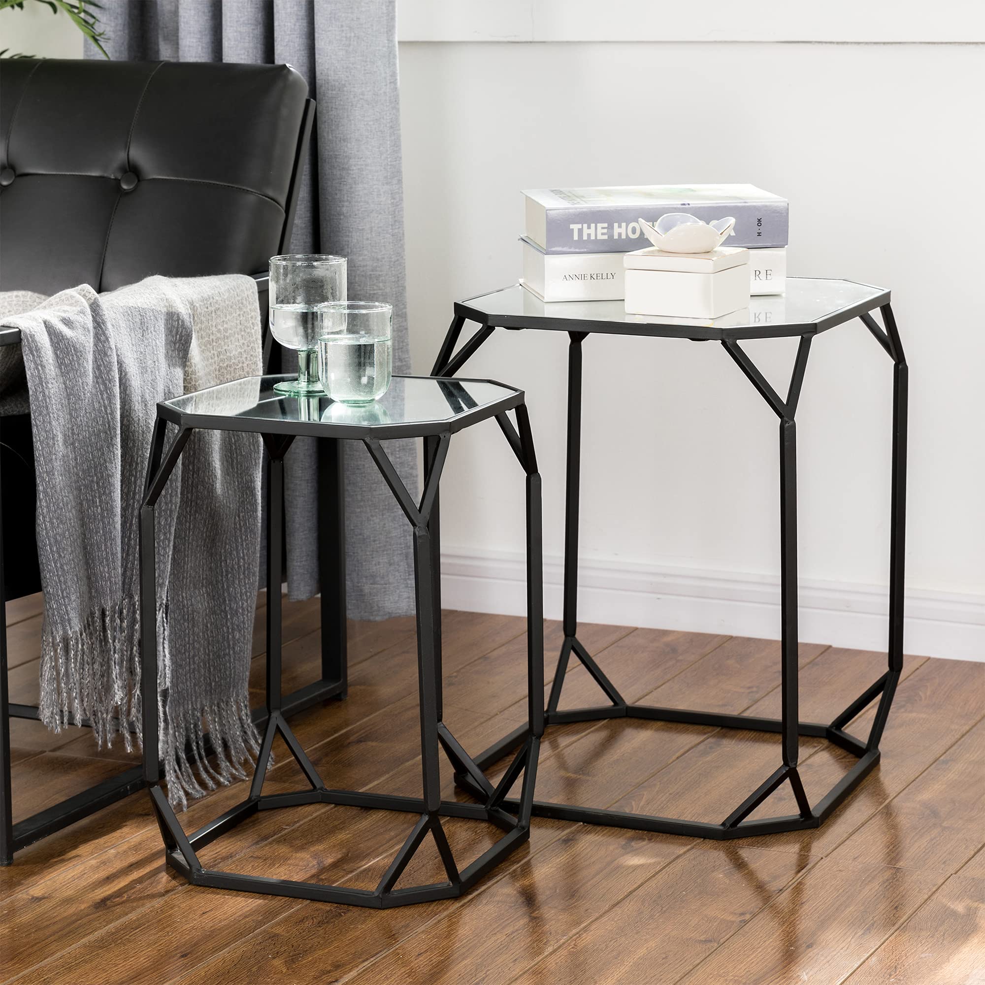 Glitzhome Set of 2 Modern Nesting Coffee Tables - Black Accent Side Tables for Living Room, Bedroom, Home Office & Patio - Perfect as Plant Stands or Chairside Tables
