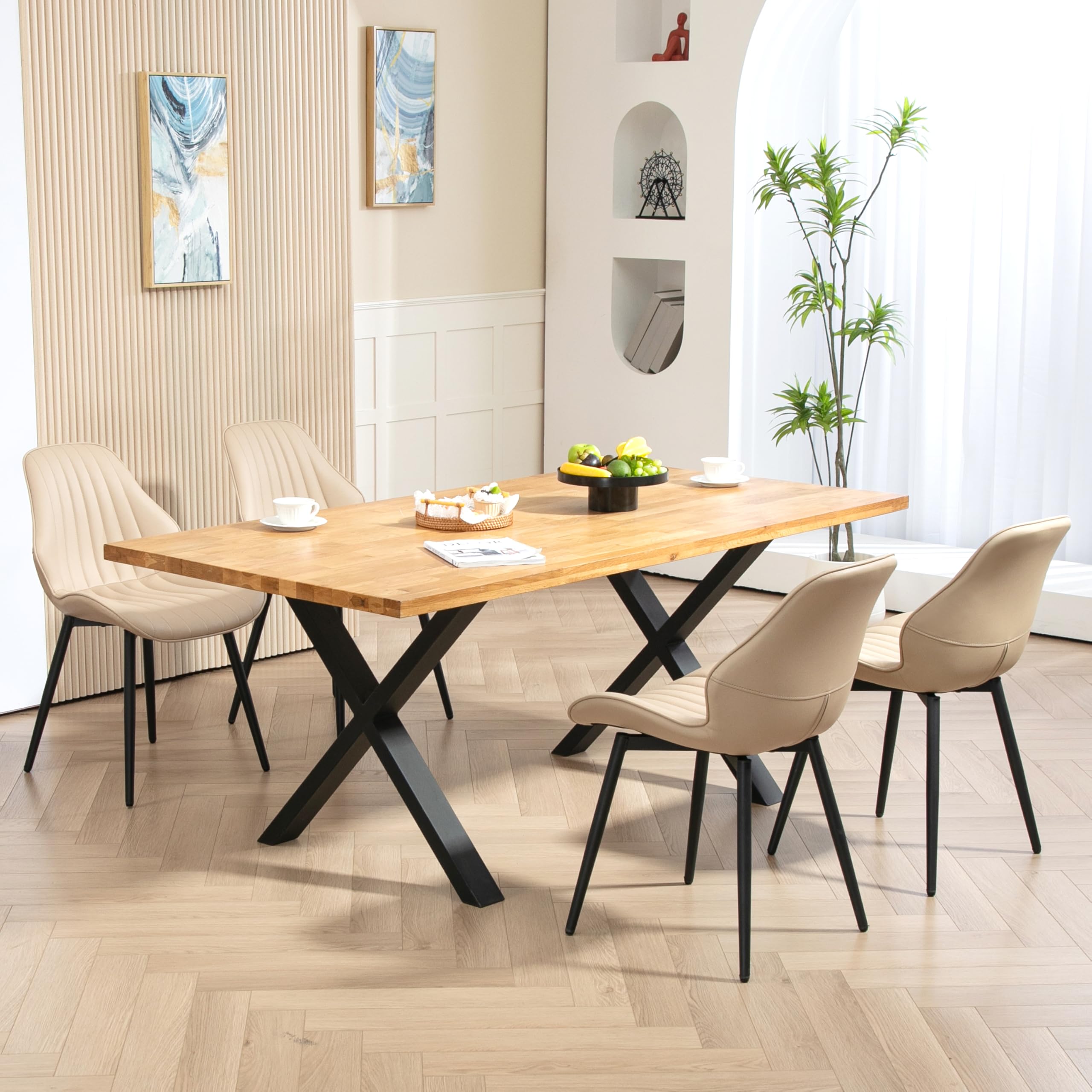Finnhomy Mid-Century Modern Dining Chairs Set of 2 - Faux Leather Upholstered Armless Accent Chairs with Backrest & Metal Legs - Khaki Living Room & Dining Room Seating for Home Decor