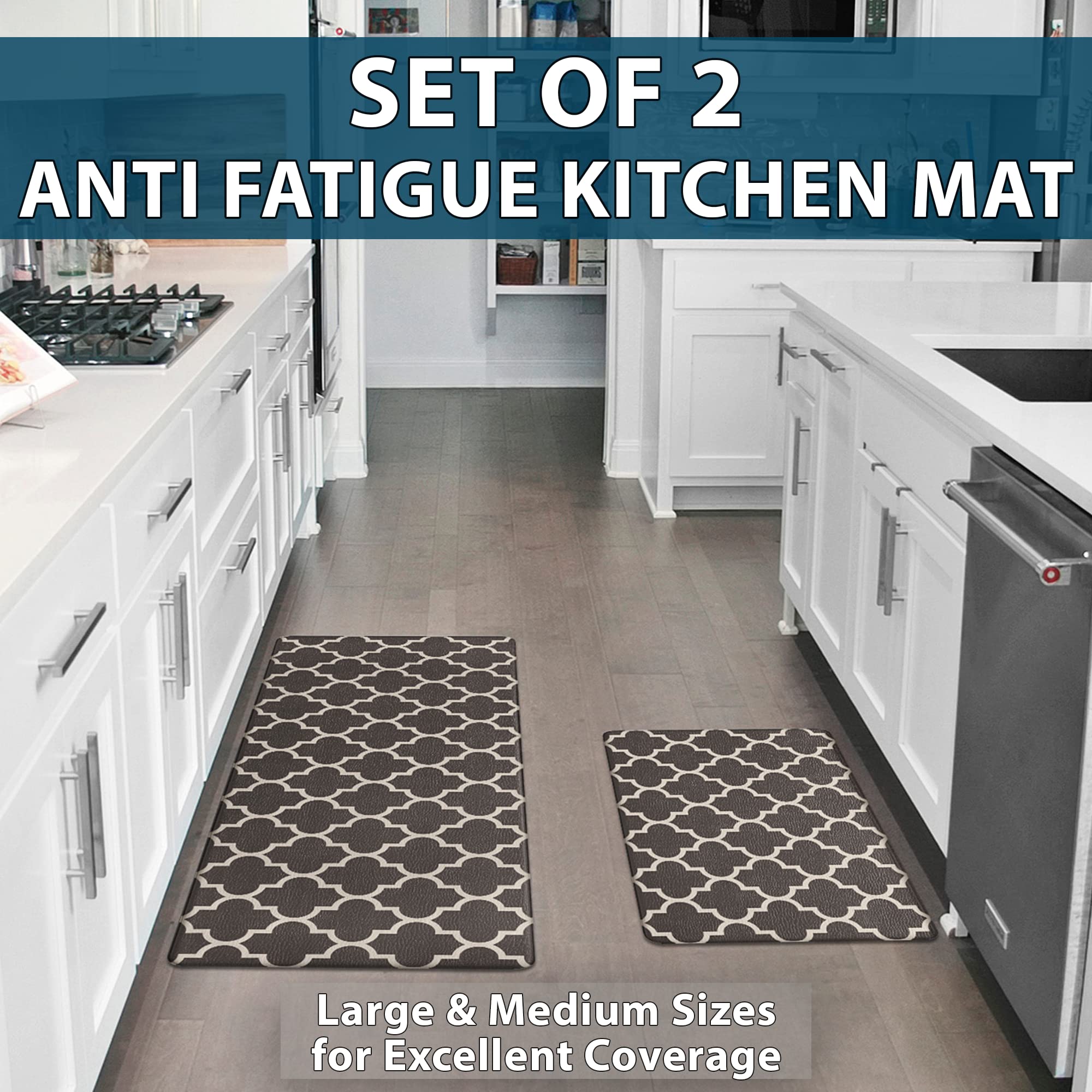 ComfiLife Anti-Fatigue Kitchen Floor Mats (2-Pack) - Extra Thick Cushioned, Non-Slip, Waterproof Standing Mat for Home & Office - Easy to Clean Kitchen Rug for Sink, Laundry & Cooking Areas - Perfect for Long Hours of Standing While Cooking, Washing Dishes or Doing Laundry (Brown)