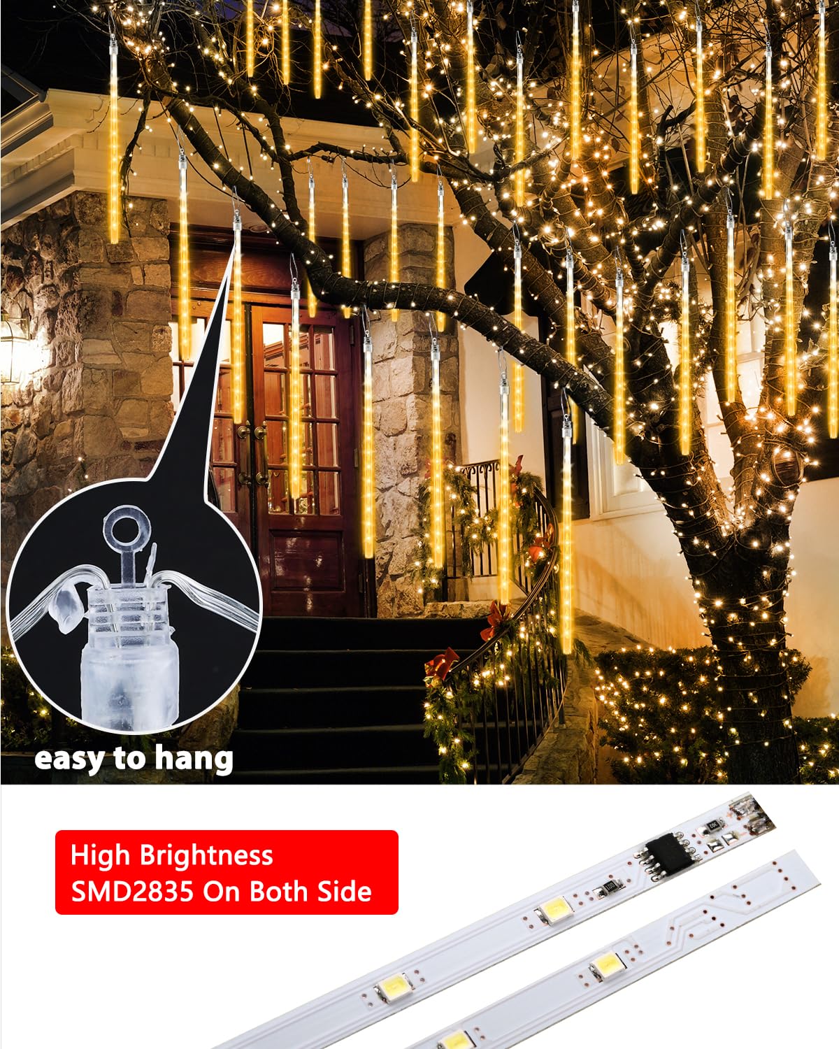 Joomer 240 LED Meteor Shower Christmas Lights - 10 Tubes 11.8 Inch Outdoor Waterproof Cascading Snowfall Lights with Timer & Connectable Design (Warm White) | Perfect for Holiday Decorations, Roof, Yard, and Christmas Tree Lighting