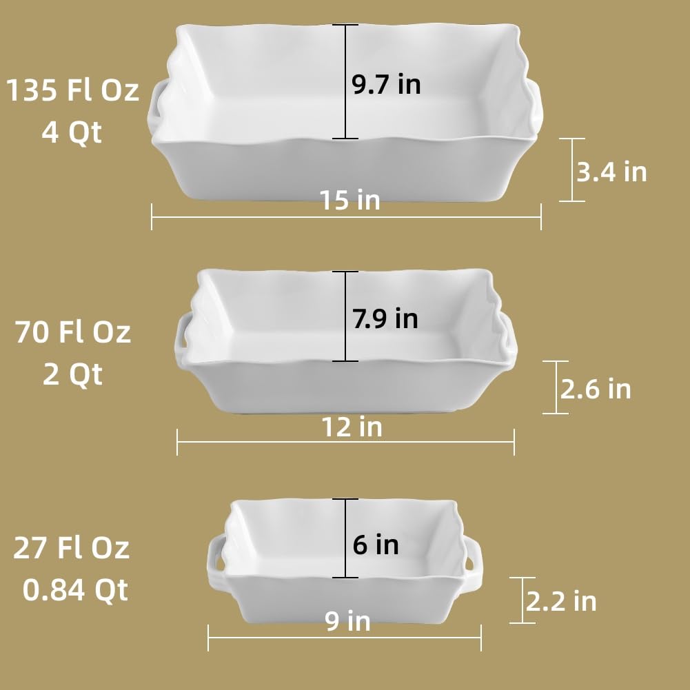 Sweejar 3-Piece Ceramic Casserole Dish Set - Rectangular Baking Pan with Handles & Wave Edge, Oven Safe Lasagna Pan for Cooking, Baking Cakes, Family Dinners, Banquets & Daily Kitchen Use (White) - Perfect for Holiday Meals, Potlucks & Entertaining Guests