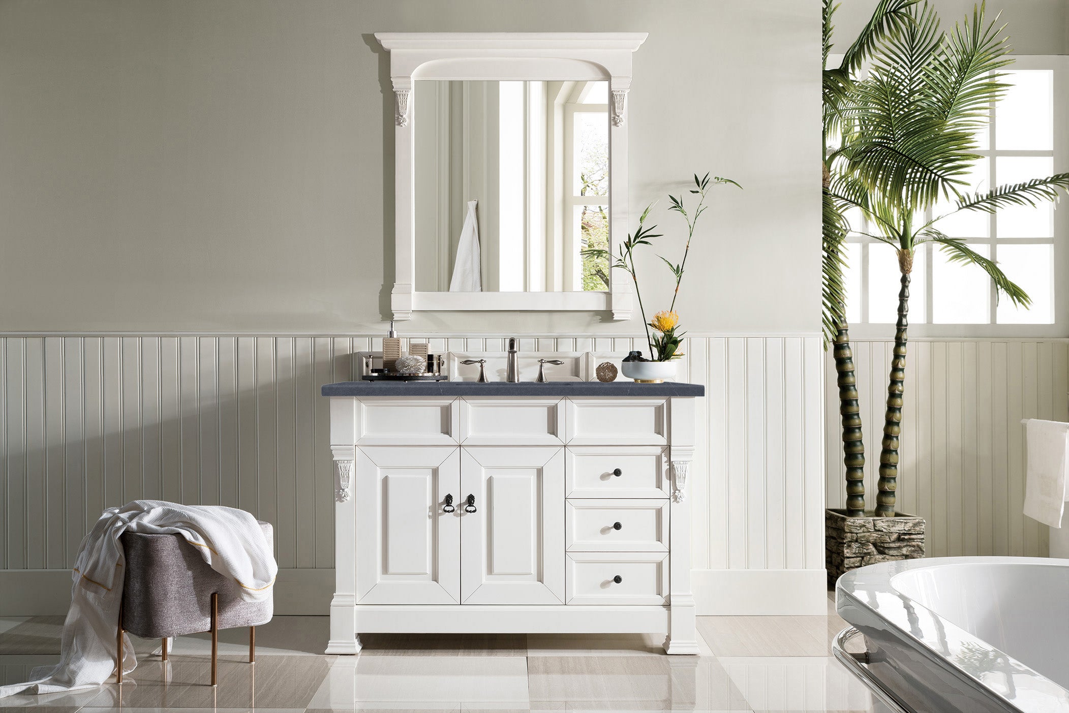 Brookfield 48 Inch Single Bathroom Vanity with Bright White Finish & 3CM Charcoal Soapstone Quartz Countertop - Perfect for Modern Master Bath or Guest Bathroom Renovation
