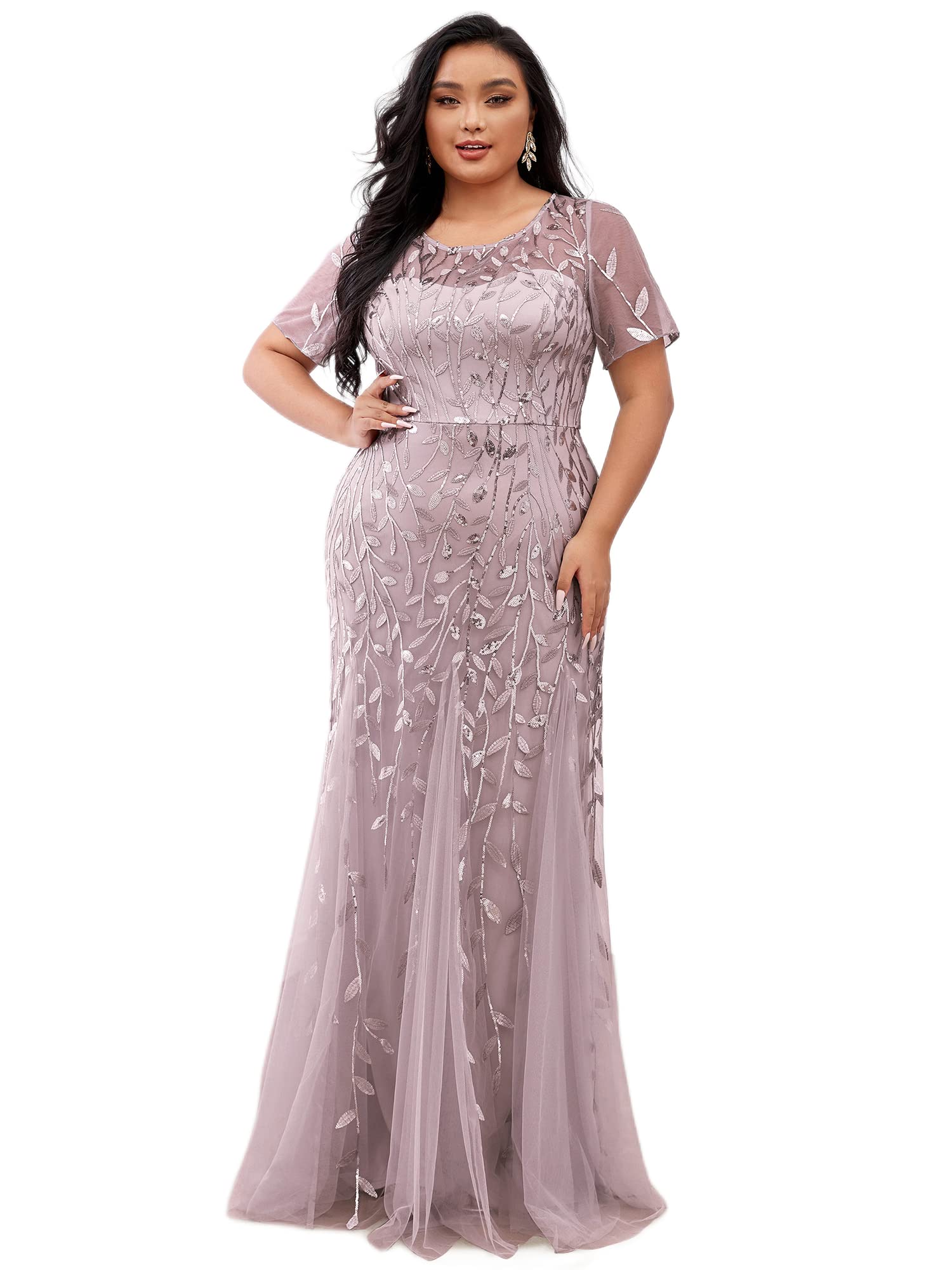 Ever-Pretty Women's Plus Size Embroidery Sequin Short Sleeve Bodycon Maxi Dress for Formal Occasions - Wedding Guest, Prom, Cocktail Party & Evening Events (Style 07707-PZUSA)