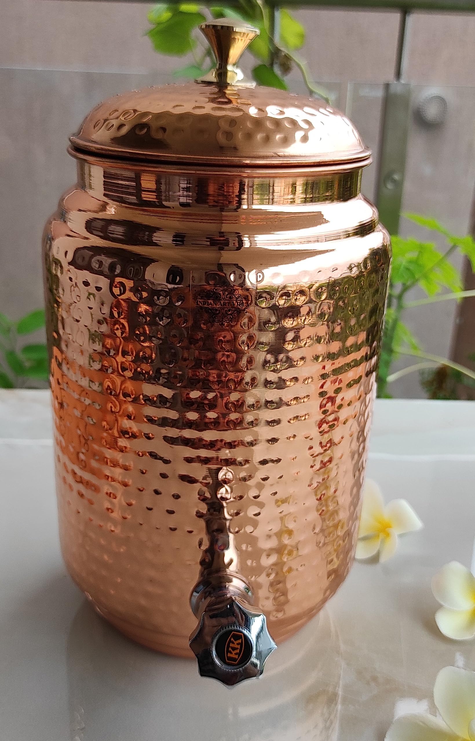 Pure Copper Hammered Design Water Pot with Brass Stand, Tap & Knob - Indian Art Villa Handcrafted Water Storage & Serving Jug for Home, Office & Ayurvedic Rituals