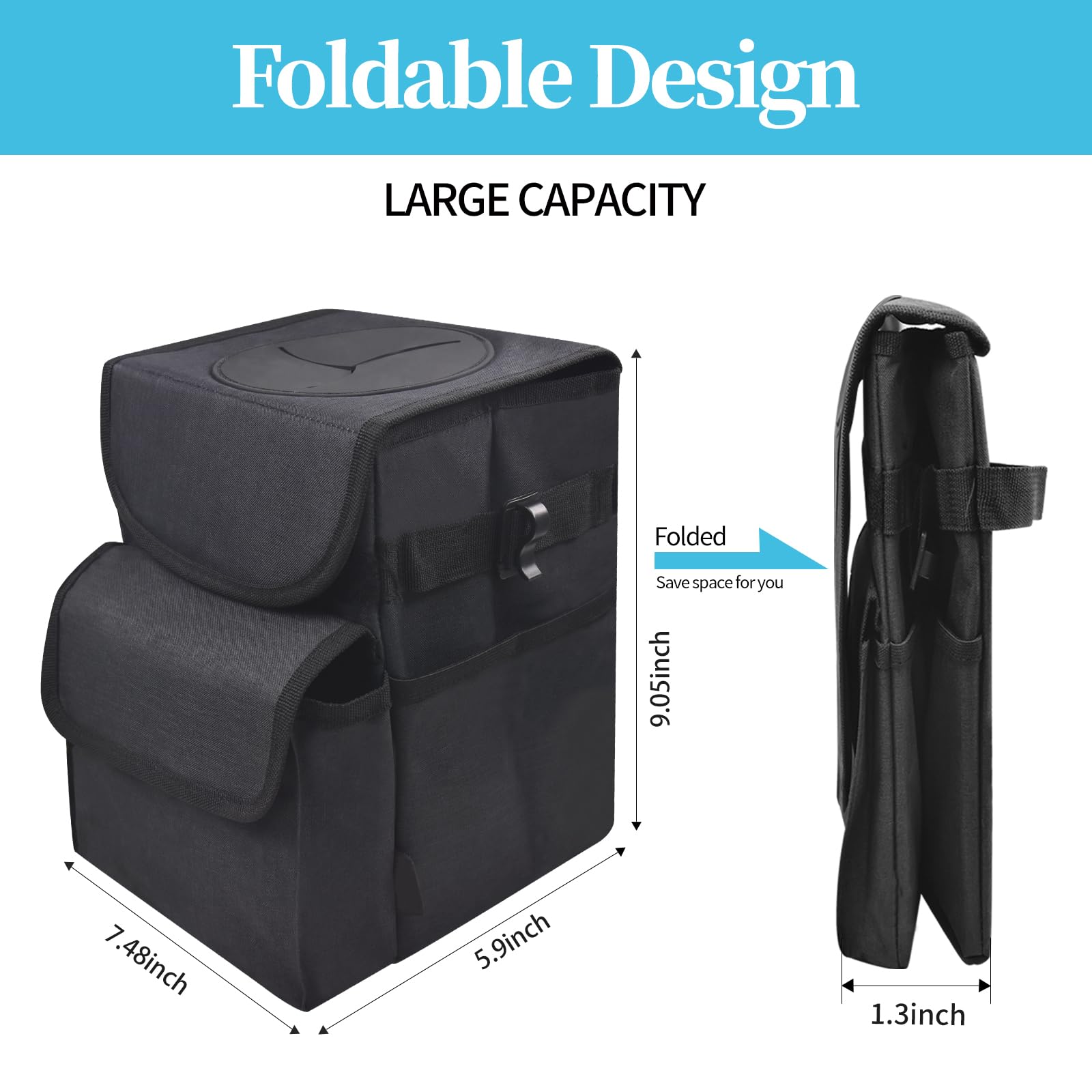 Large Capacity Foldable Car Trash Can - Waterproof Suspension Storage Box for Cars, SUVs, Sedans & Trucks | Multi-Purpose Detachable Organizer for Road Trips, Commuting & Family Travel