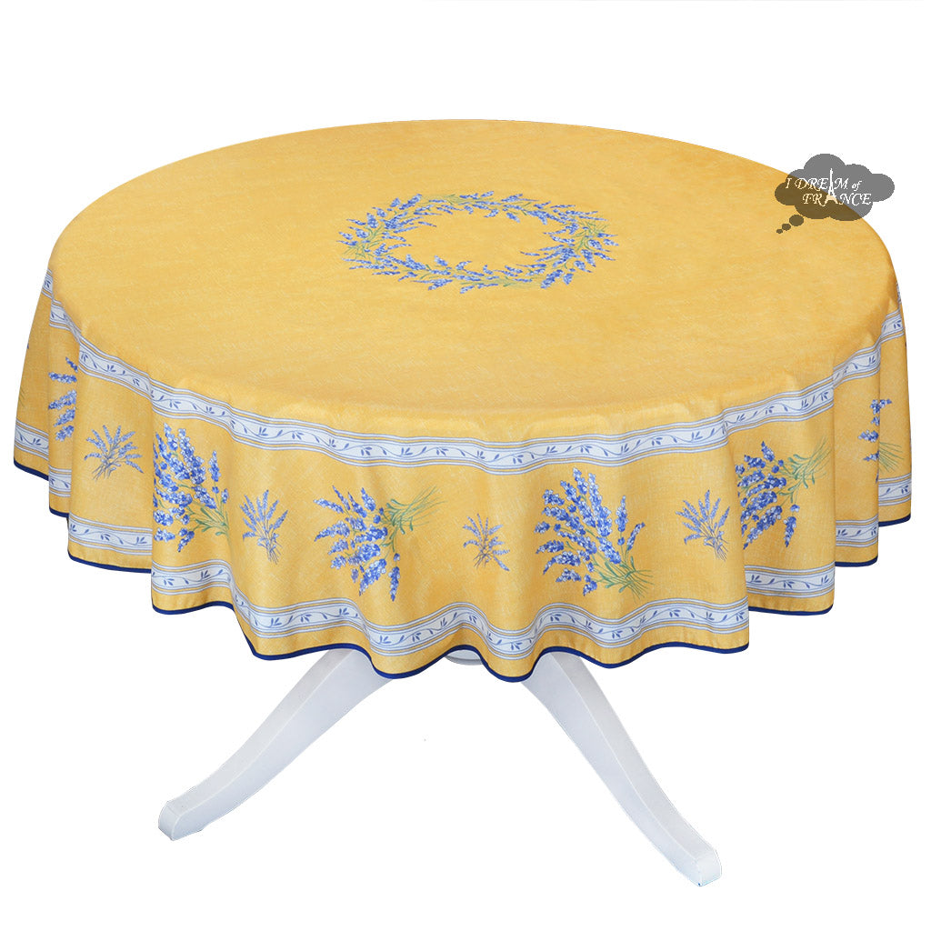 70 Round Valensole Yellow Acrylic Coated Cotton Tablecloth by Label France - Waterproof & Stain-Resistant Dining Table Cover for Restaurants, Weddings & Home Decor