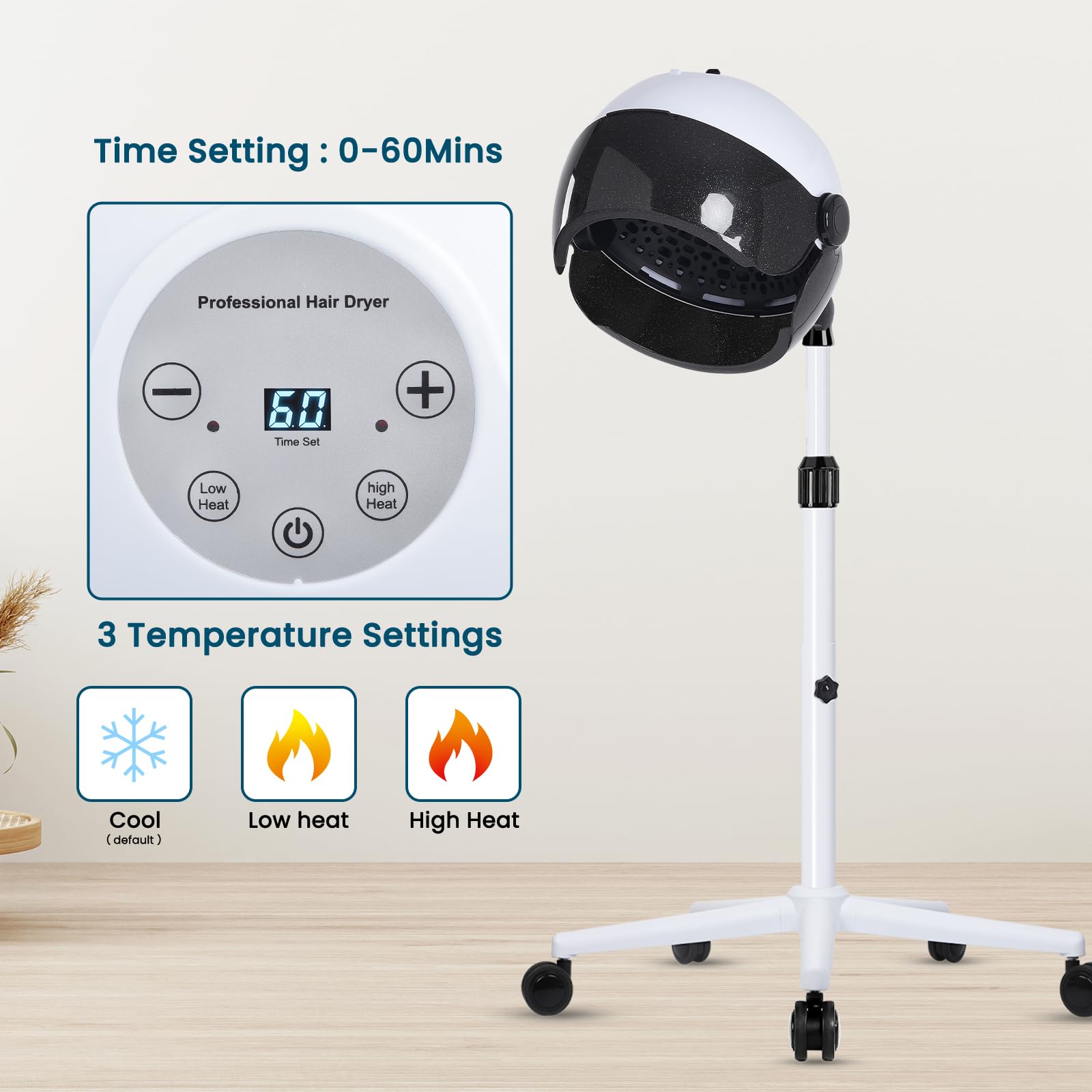 Professional Hooded Hair Dryer on Wheels - Adjustable Standing & Sit Under Hair Dryer for Salon & Home Use (Black/White) | Fast Drying for Curly, Permed & Natural Hair Styles